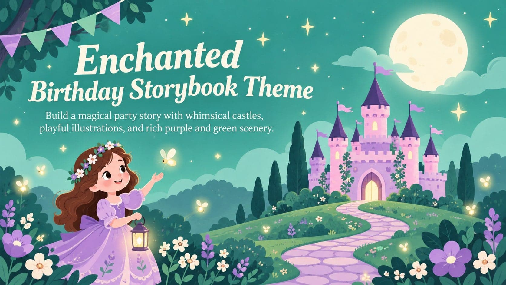 Cover of the Enchanted Birthday Storybook Theme with a whimsical purple and green castle landscape.