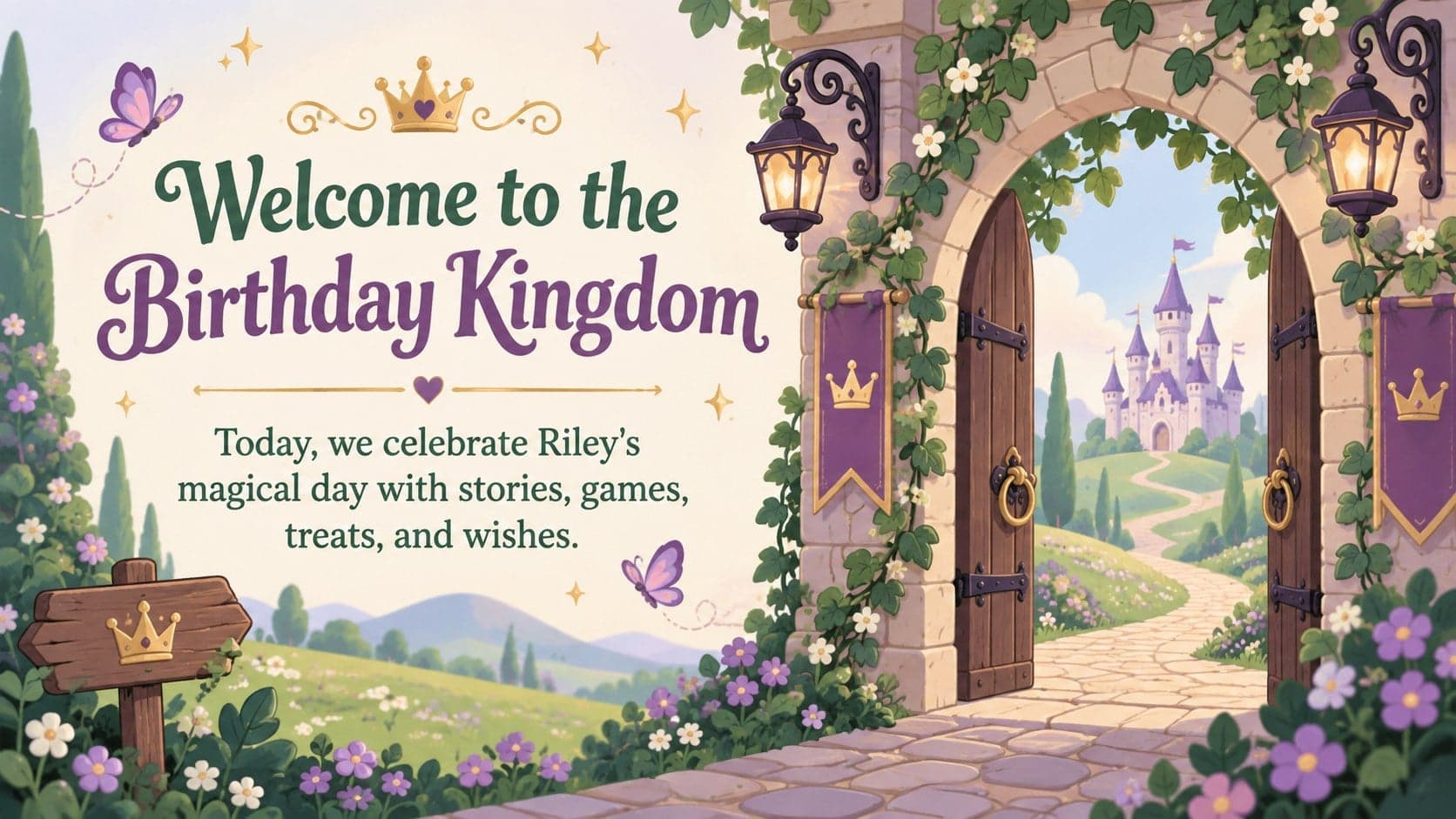 Fairytale birthday welcome slide featuring an original castle gate and personalized celebration message.