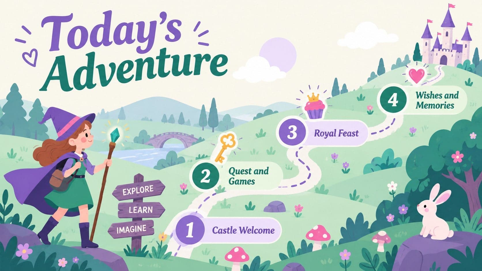 Fantasy party agenda slide with four storybook chapters for an enchanted birthday celebration.