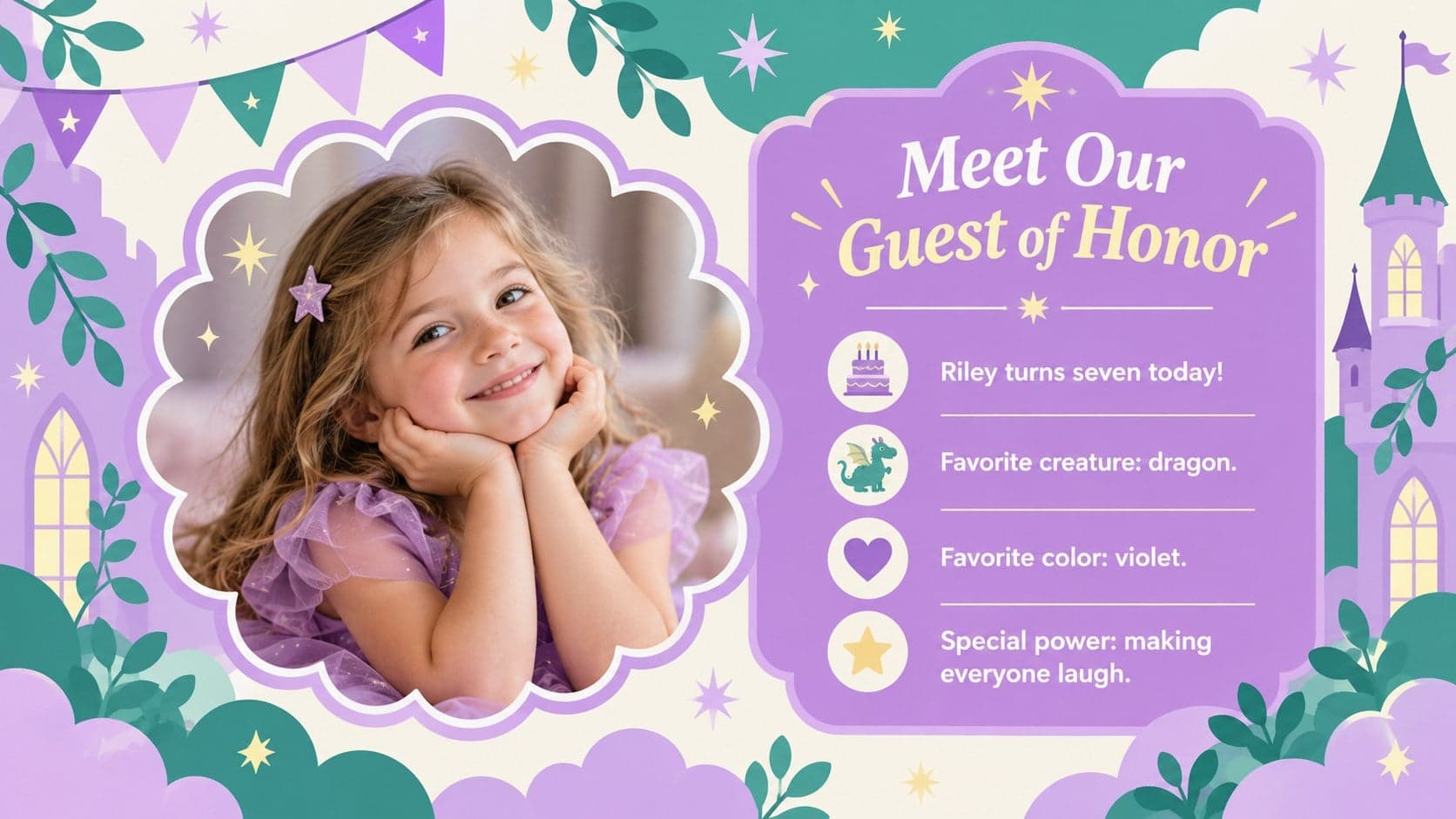 Guest of honor profile in a magical birthday storybook layout with stars and castle banners.