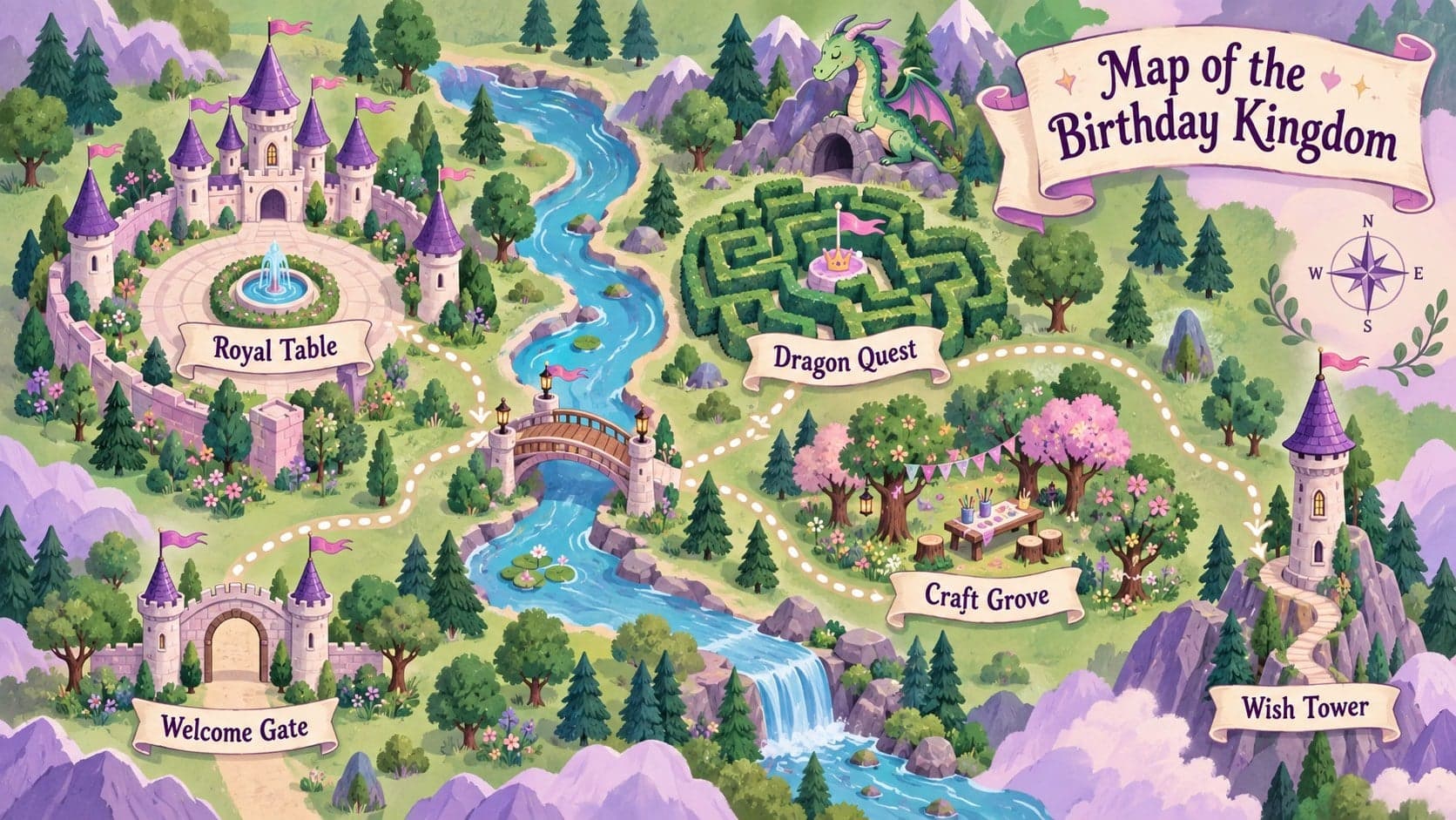 Enchanted castle birthday presentation slide showing a map of party activity locations.
