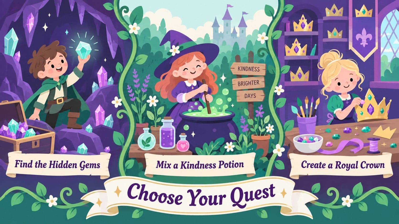 Storybook birthday activity slide presenting three playful fantasy quests in purple and green.