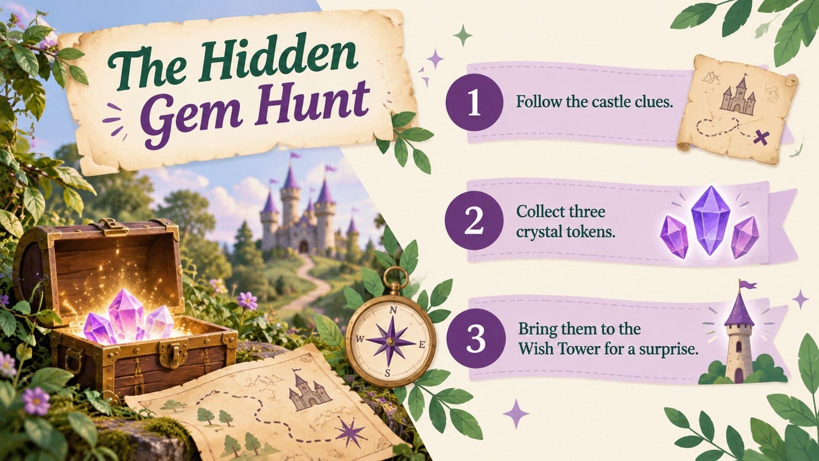 Fantasy party planning slide with clear instructions for a magical treasure hunt game.