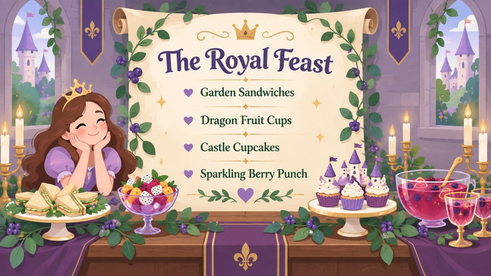 Royal birthday feast menu displayed in an illustrated castle banquet setting.