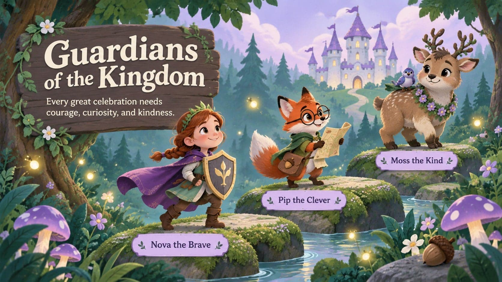 Magical birthday storybook slide introducing three original guardians of the party kingdom.