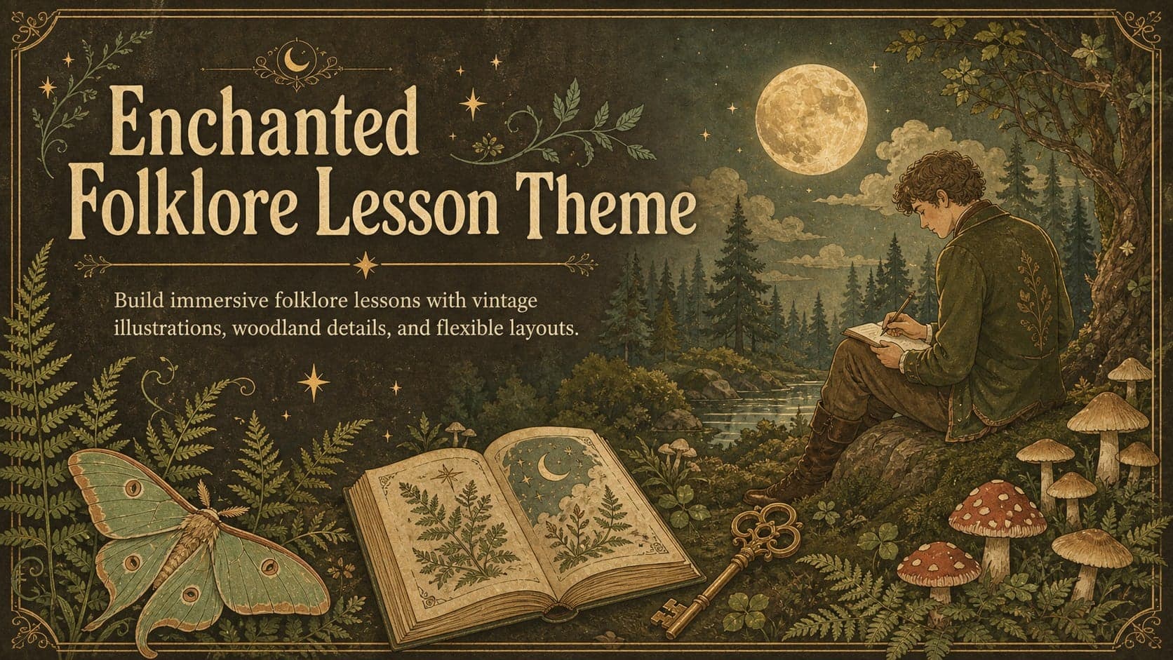 Cover for the Enchanted Folklore Lesson Theme with an antique woodland book illustration in green and earthy brown.