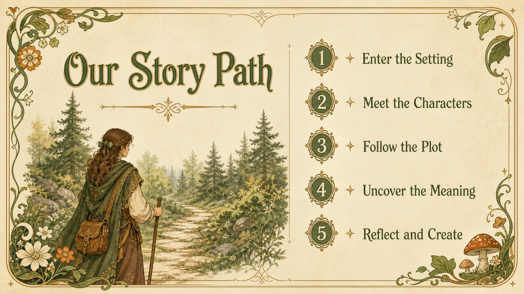 Folklore lesson contents slide listing story setting, characters, plot, themes, and reflection topics.