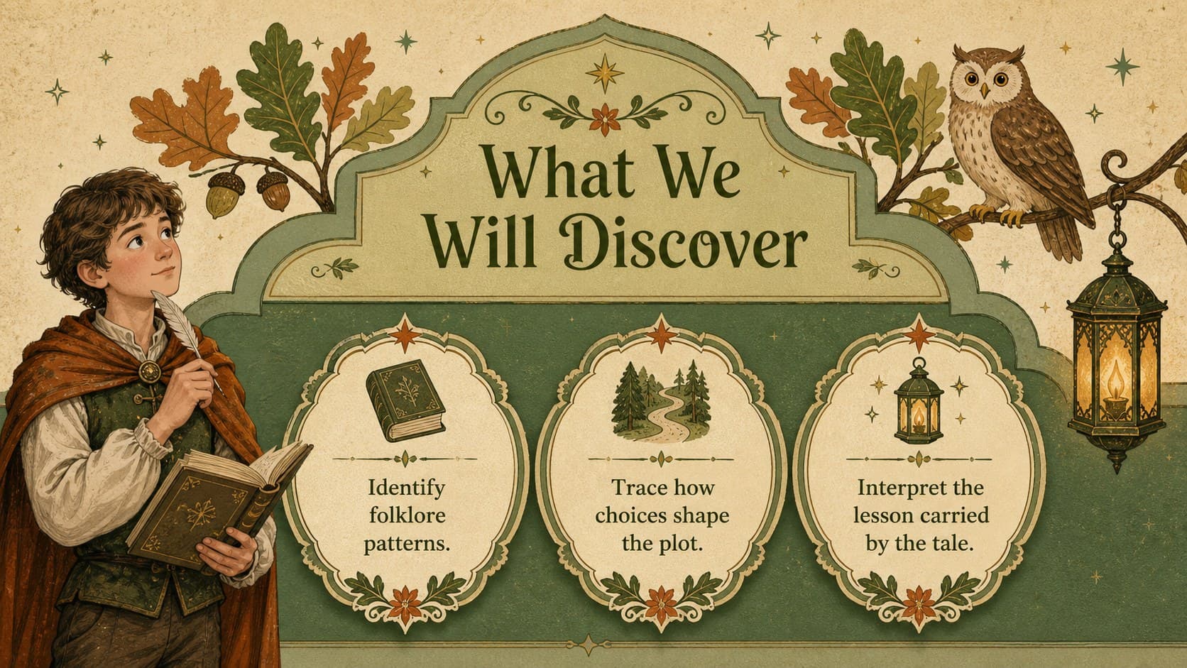 Vintage folklore presentation template slide introducing the lesson goals beside woodland illustrations.
