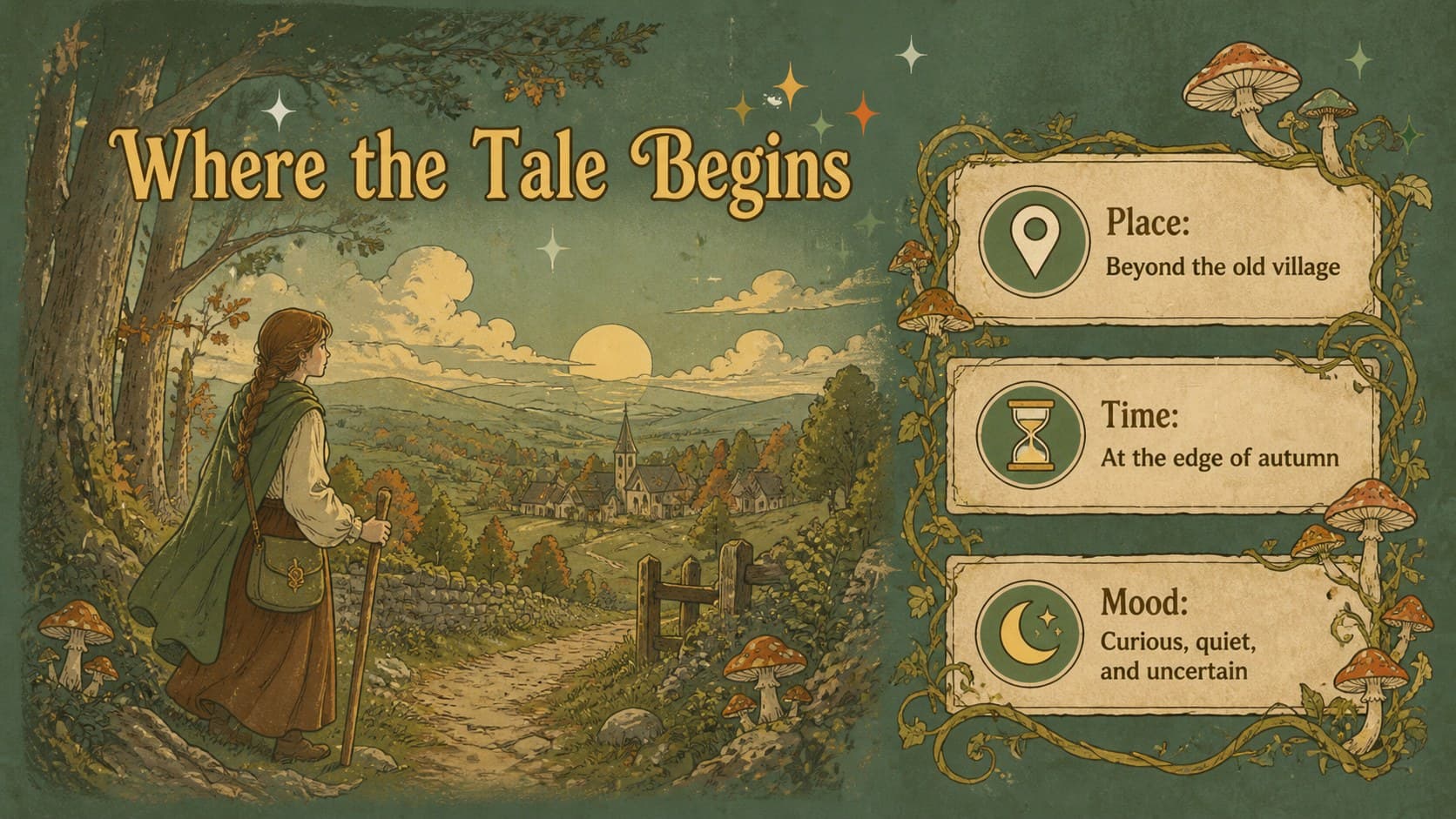 Illustrated storytelling slide showing a misty forest setting with prompts about place, time, and atmosphere.