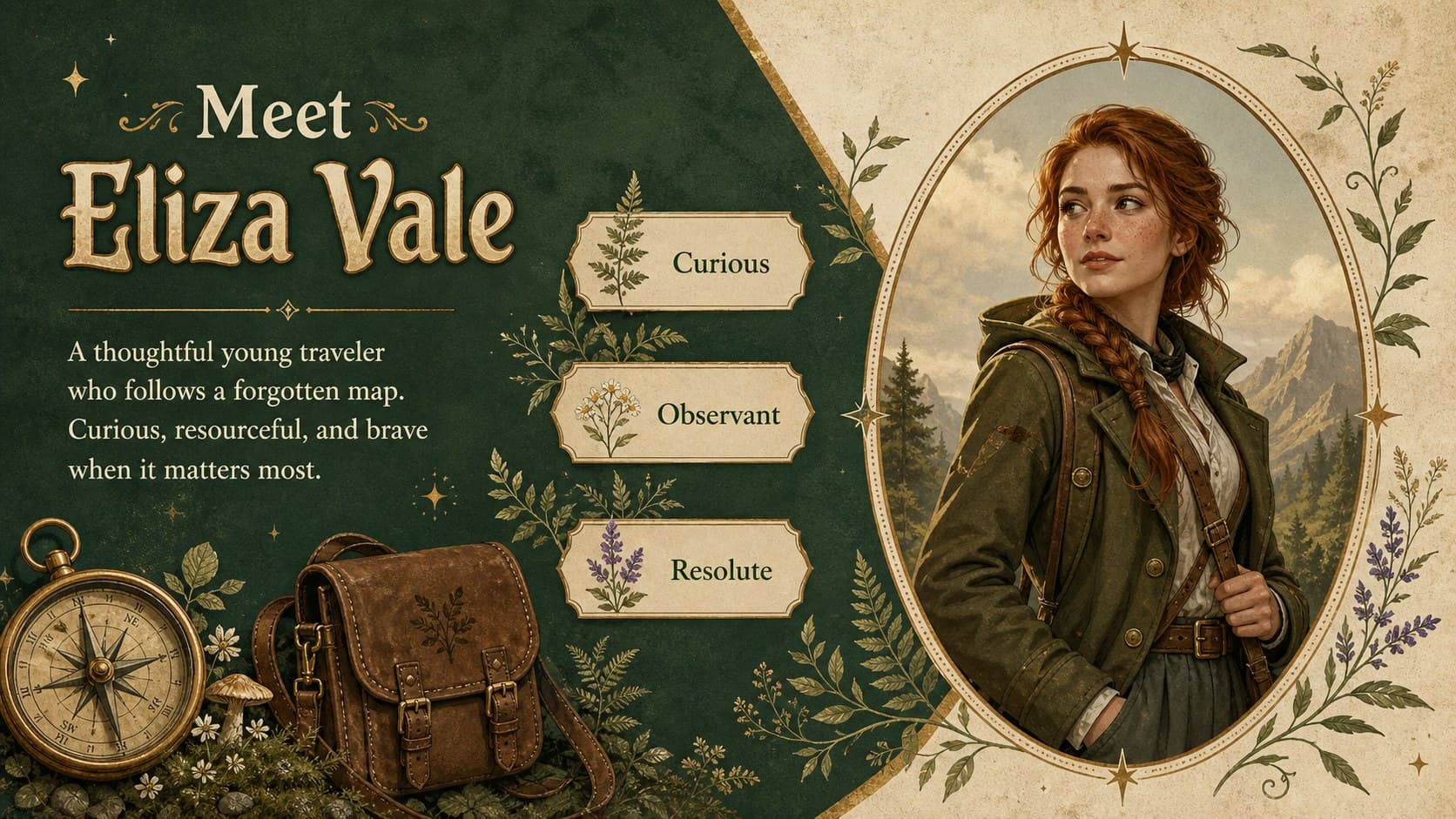 Fairy tale lesson slide introducing an original young traveler through a portrait and character notes.