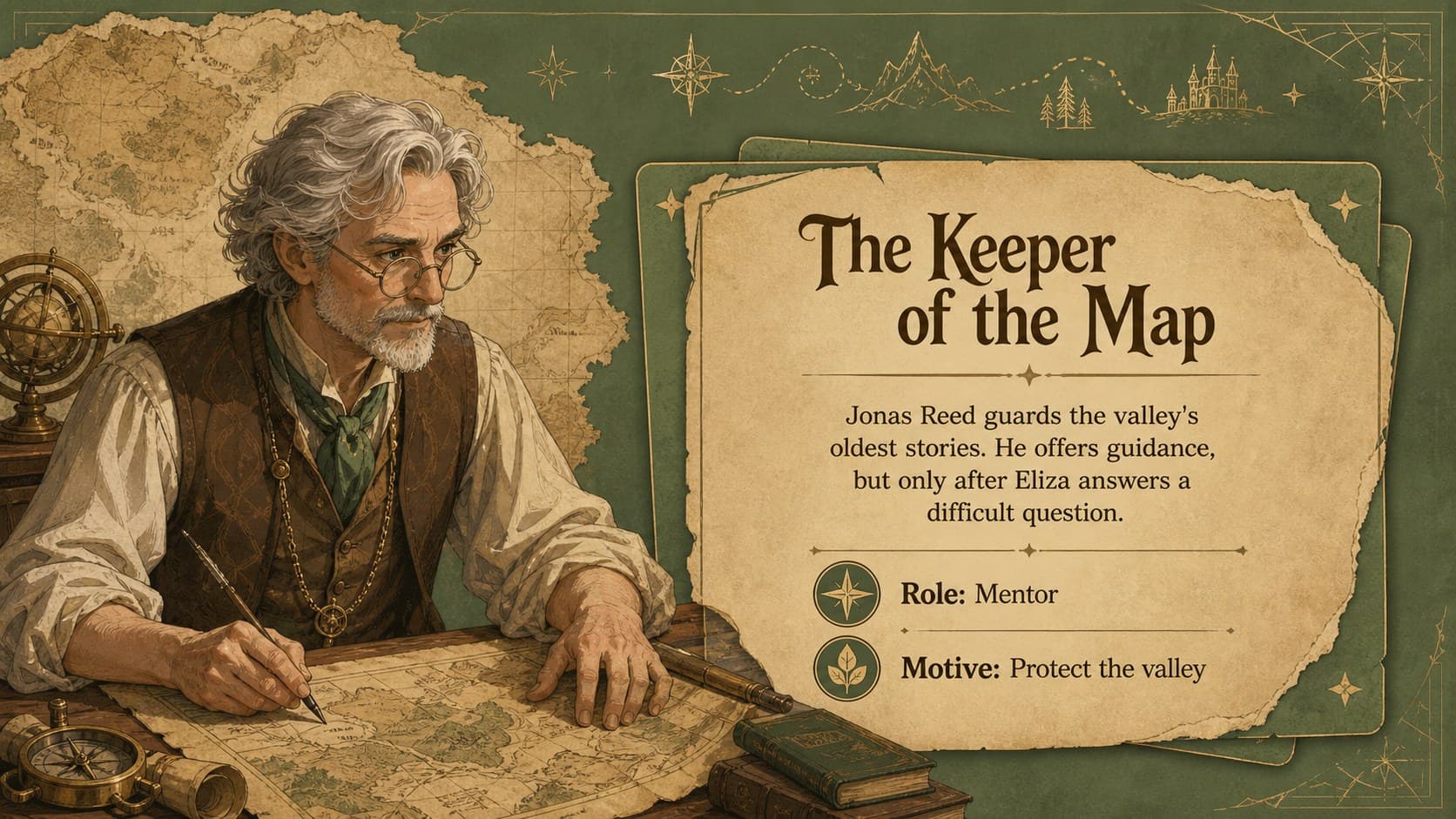 Woodland story presentation theme slide featuring an original reclusive mapmaker character and key traits.