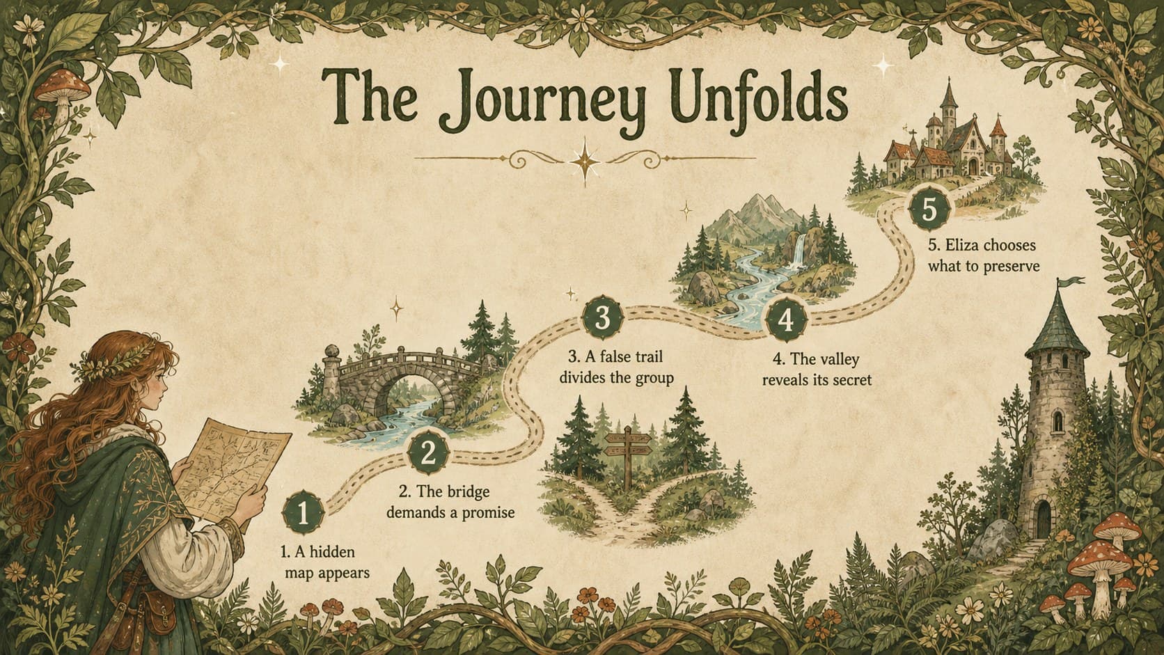 Folklore classroom presentation slide mapping five plot events along a winding illustrated forest path.