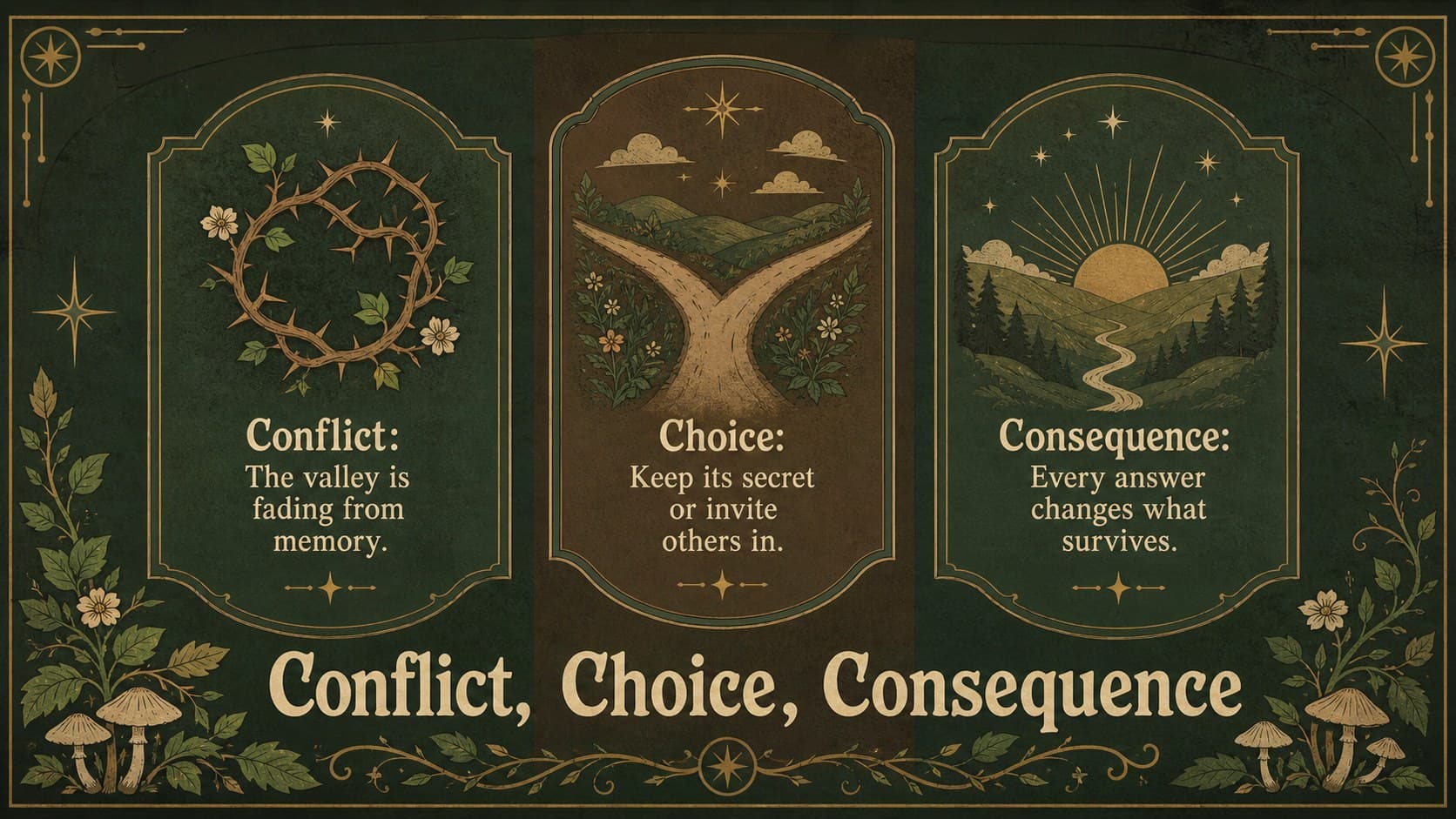 Editable fable presentation slide comparing the story's central conflict, choice, and consequence.