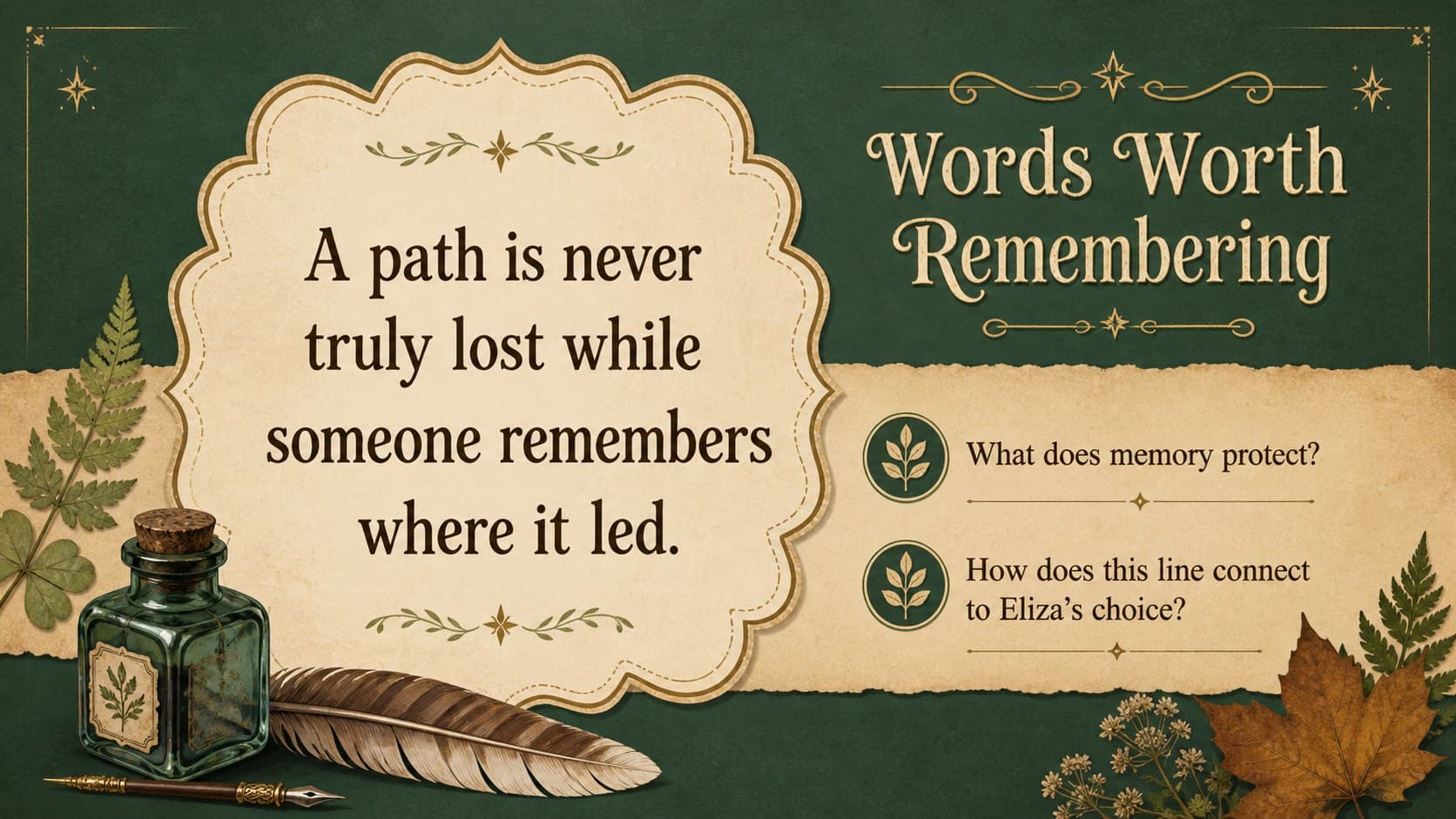 Storybook literature lesson template slide displaying a quotation with interpretation prompts.