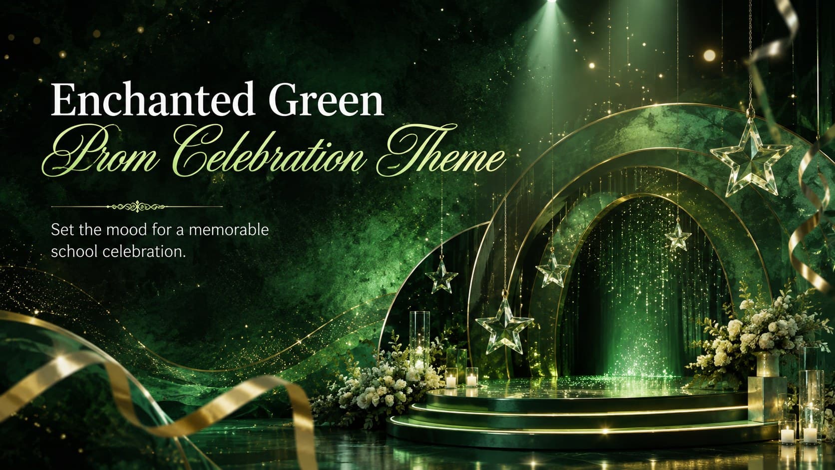 Cover for an enchanted green prom celebration theme with luminous 3D decorations and an elegant event headline.