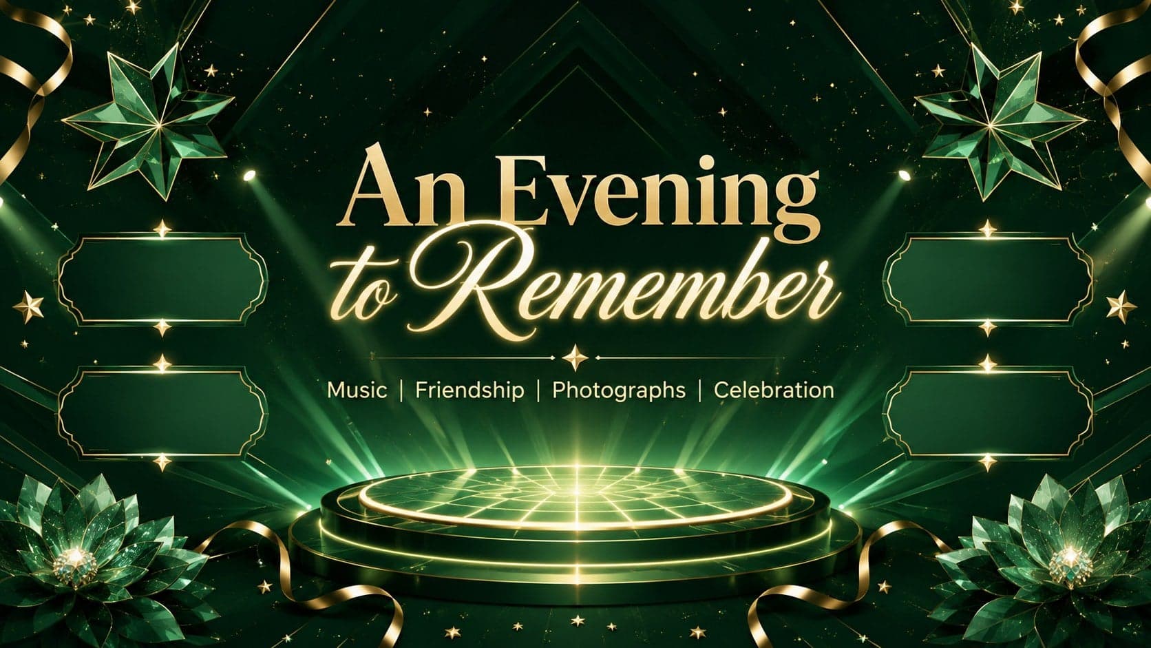 Green 3D school dance event slide presenting music, friendship, photographs, and celebration highlights.