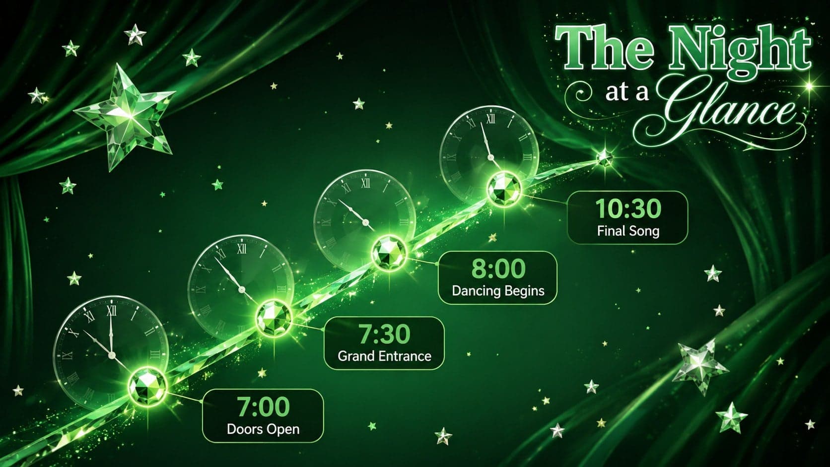 Prom planning presentation template slide showing an evening schedule on an emerald fantasy background.