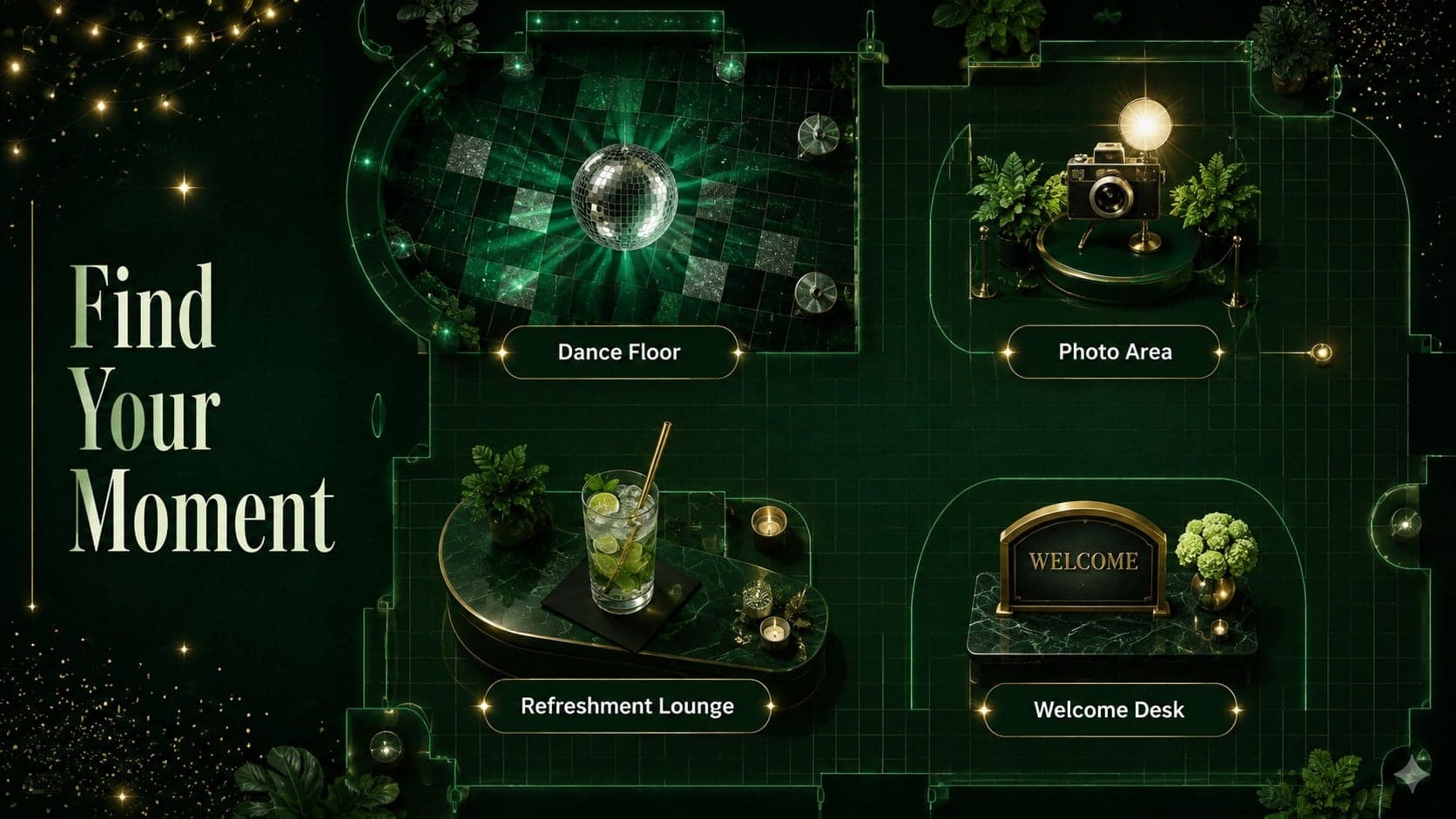 Emerald prom event slide highlighting the dance floor, photo area, refreshment lounge, and welcome desk.