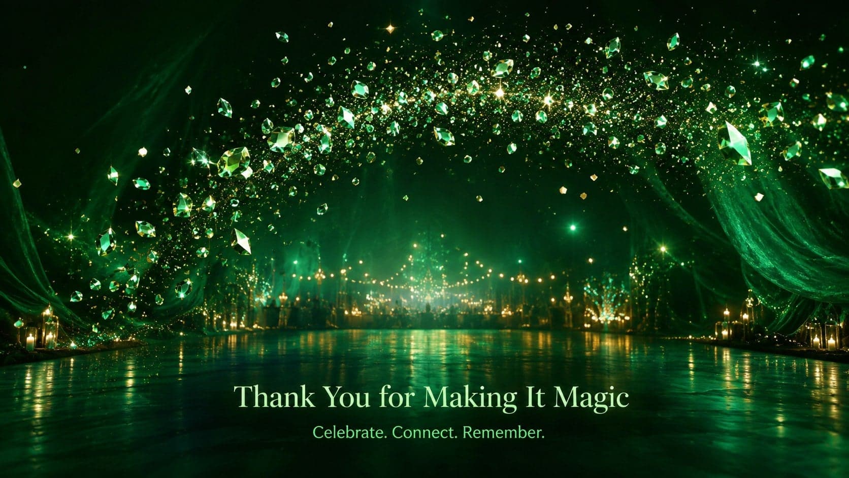 Closing slide for a green prom photo recap presentation with an appreciative message and festive 3D accents.