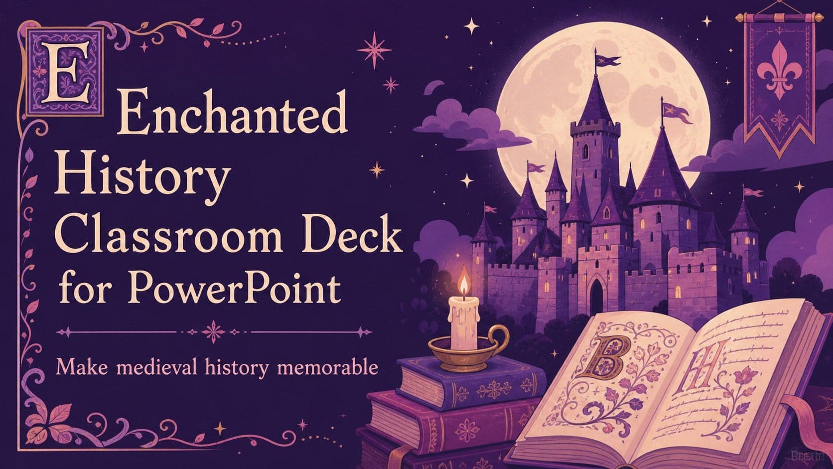 Storybook cover slide for an enchanted history classroom deck with a medieval castle, purple accents, and a clear lesson subtitle.