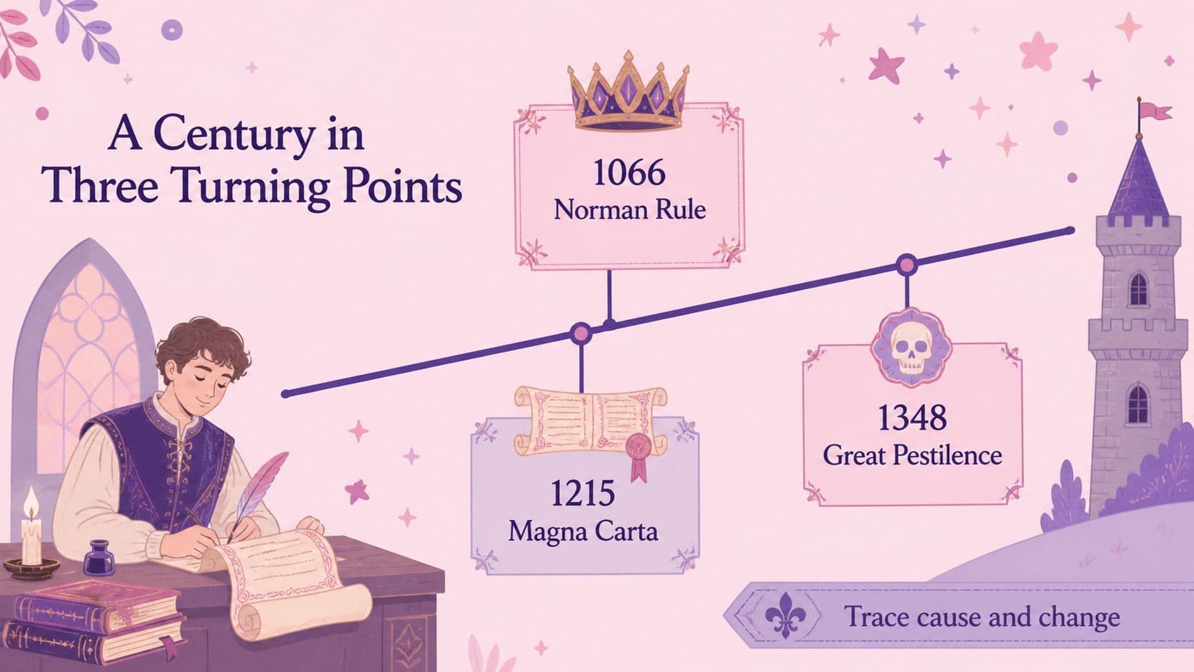 Historical timeline slide for students with illustrated milestones from an editable medieval lesson deck.