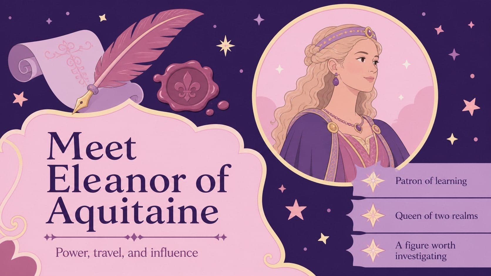 Historical figure profile slide featuring an original illustrated portrait and research notes.