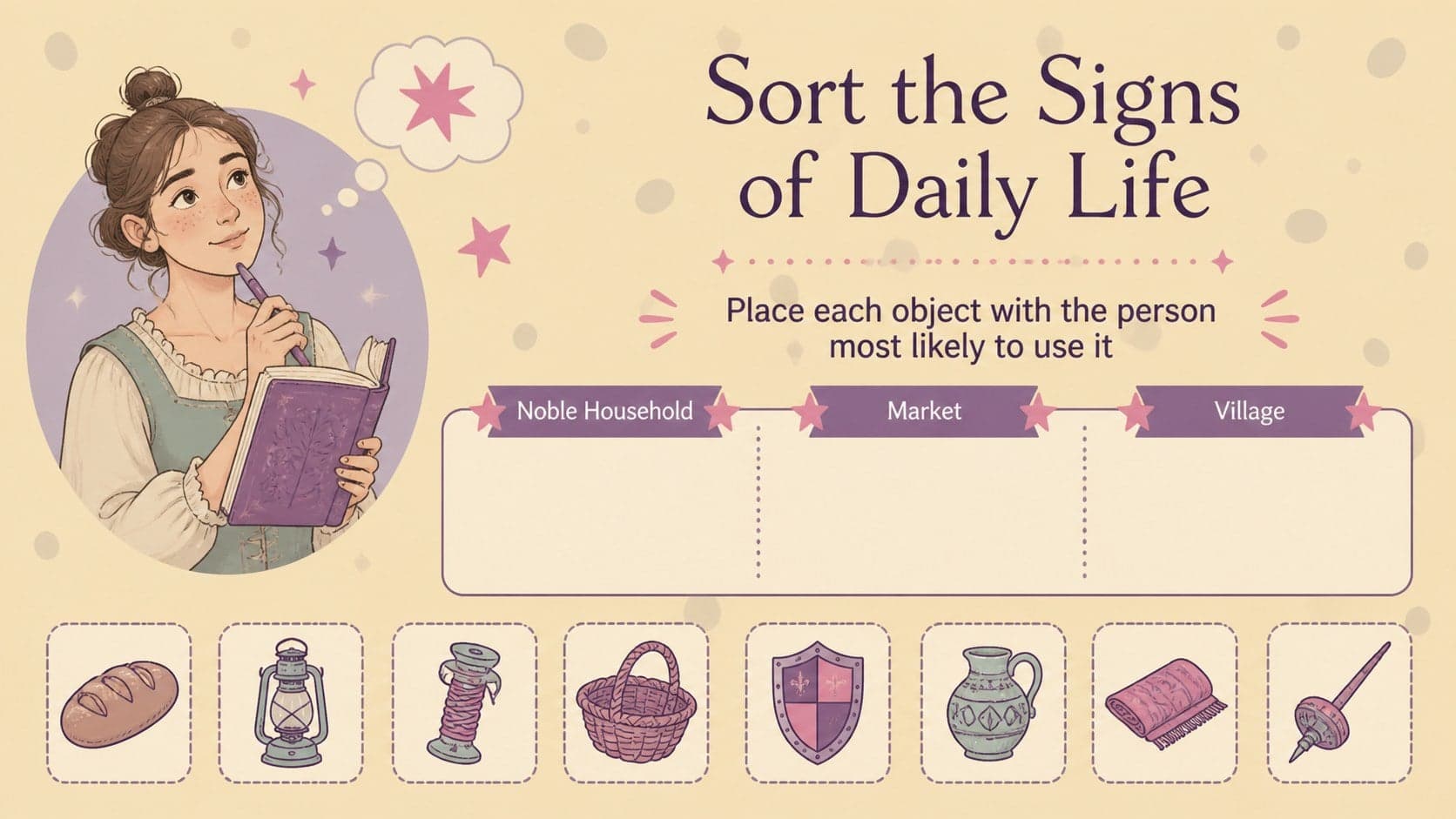 Medieval daily life activity slide with illustrated objects and an editable sorting exercise.