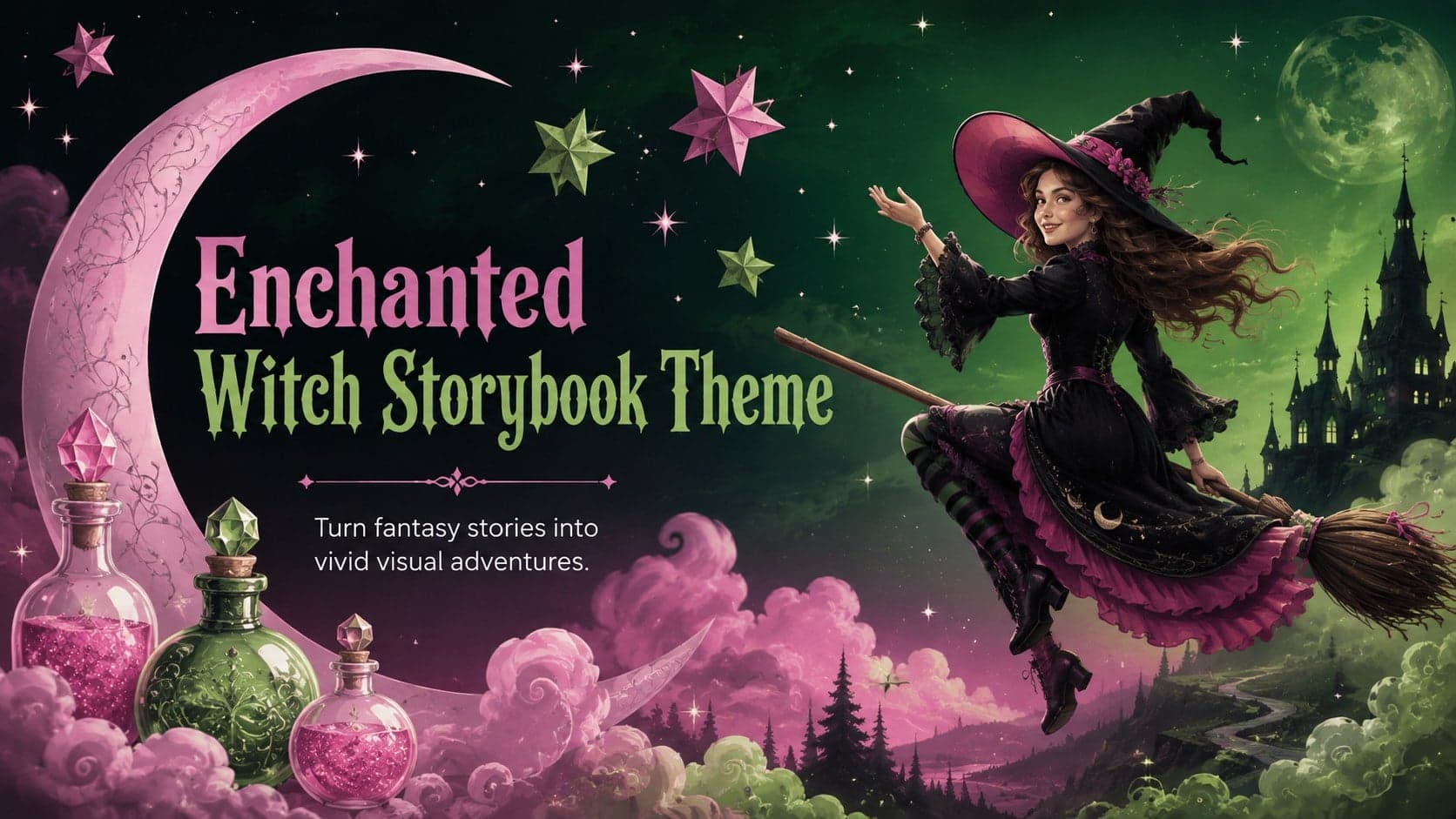 Cover for the Enchanted Witch Storybook Theme with vivid green and pink magical illustrations.