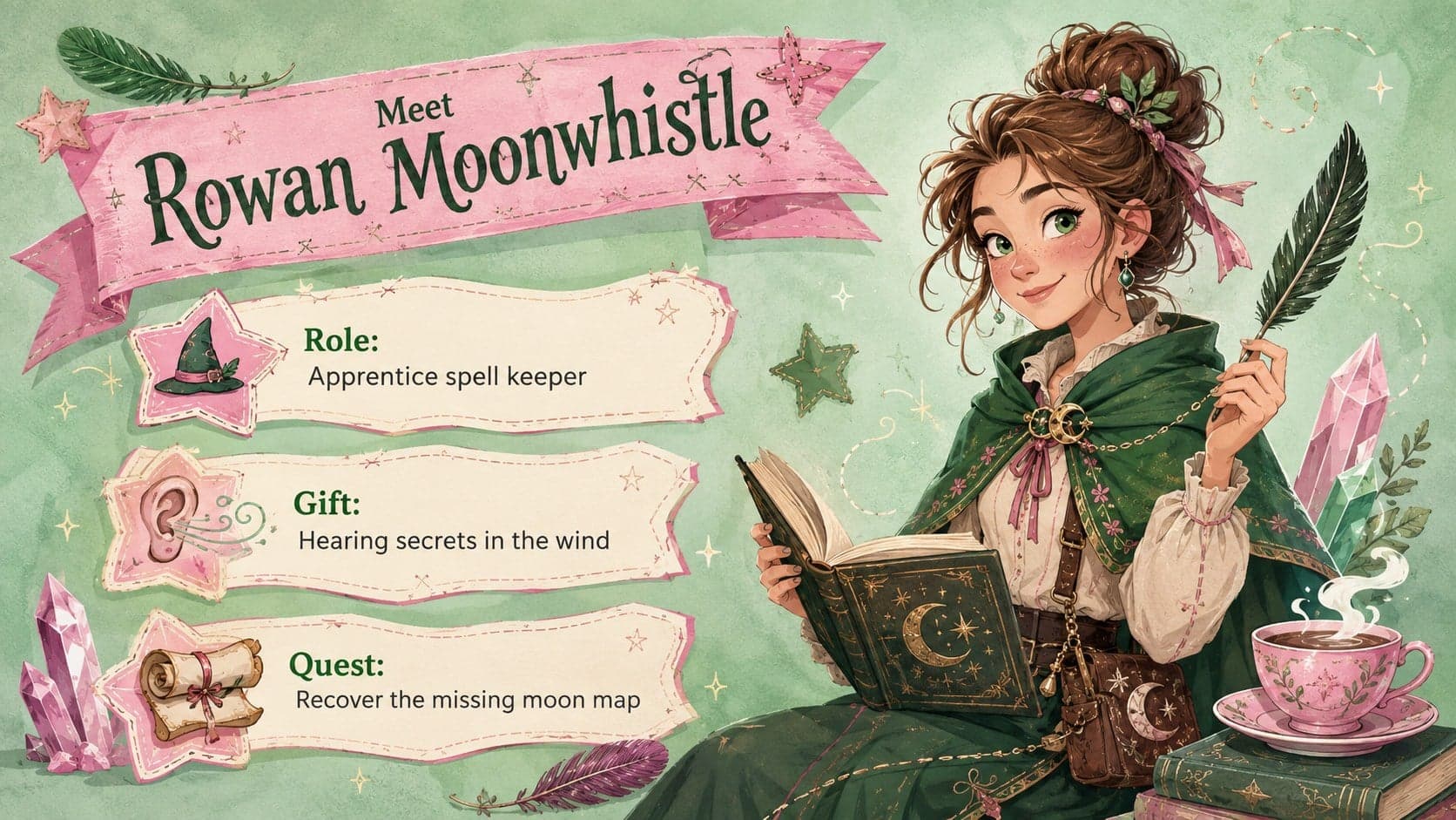 Illustrated witch character profile slide for a magical classroom storytelling deck.