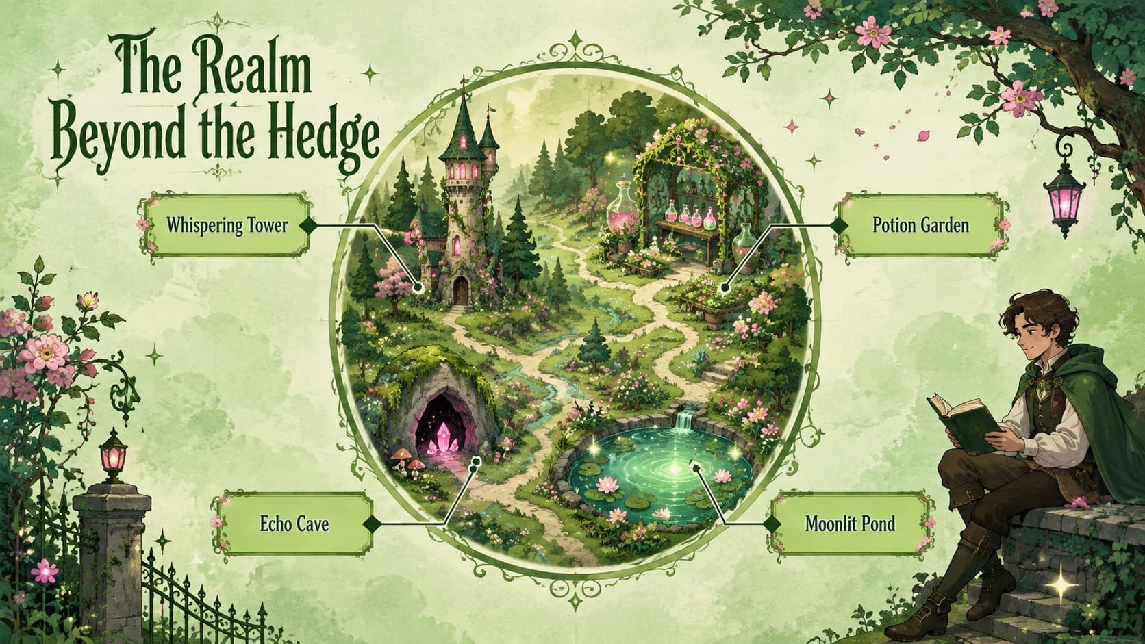 Green and pink fantasy slide presenting a whimsical realm with four illustrated locations.