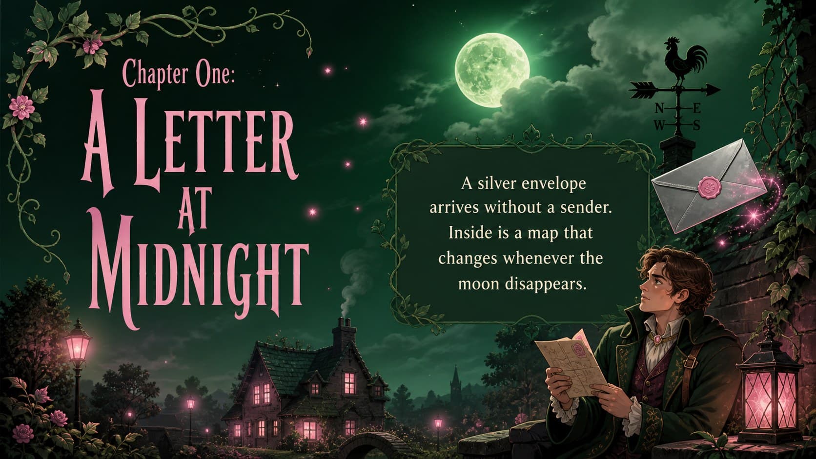 Whimsical witch presentation template slide outlining an opening story chapter.