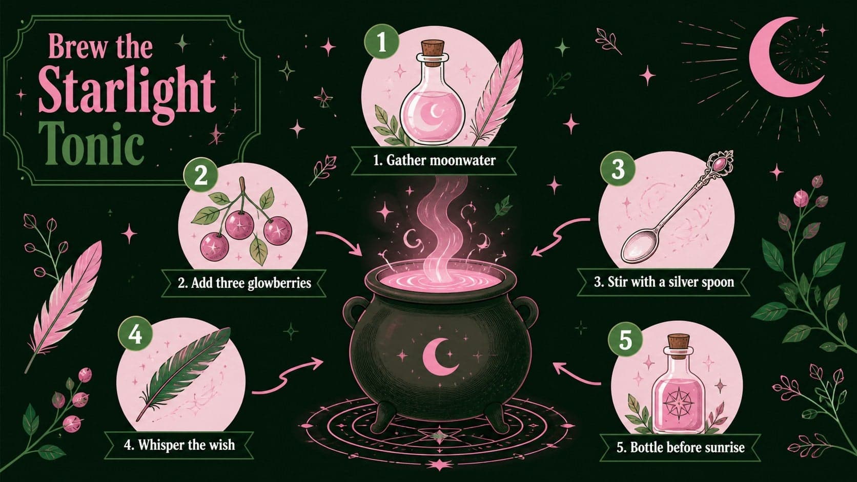 Illustrated witchcraft PowerPoint theme slide showing a five-step potion recipe.