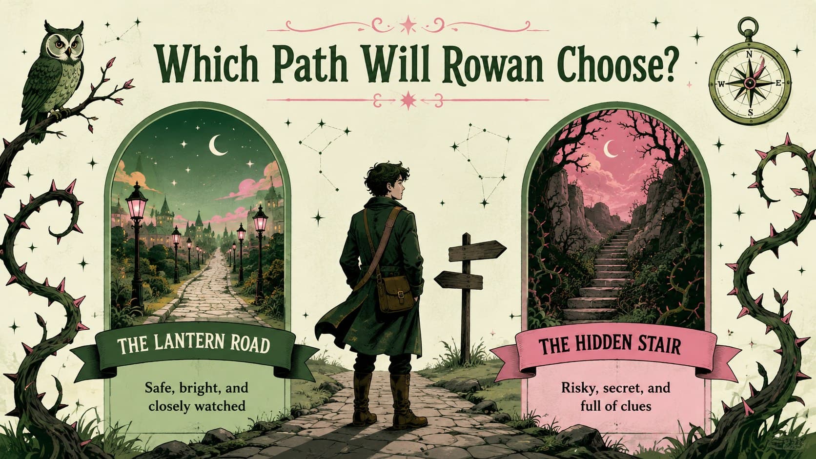 Fairytale creative writing presentation slide comparing two magical paths.