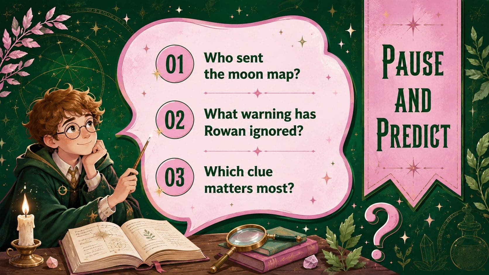 Magical story lesson slide with discussion questions framed by colorful fantasy objects.
