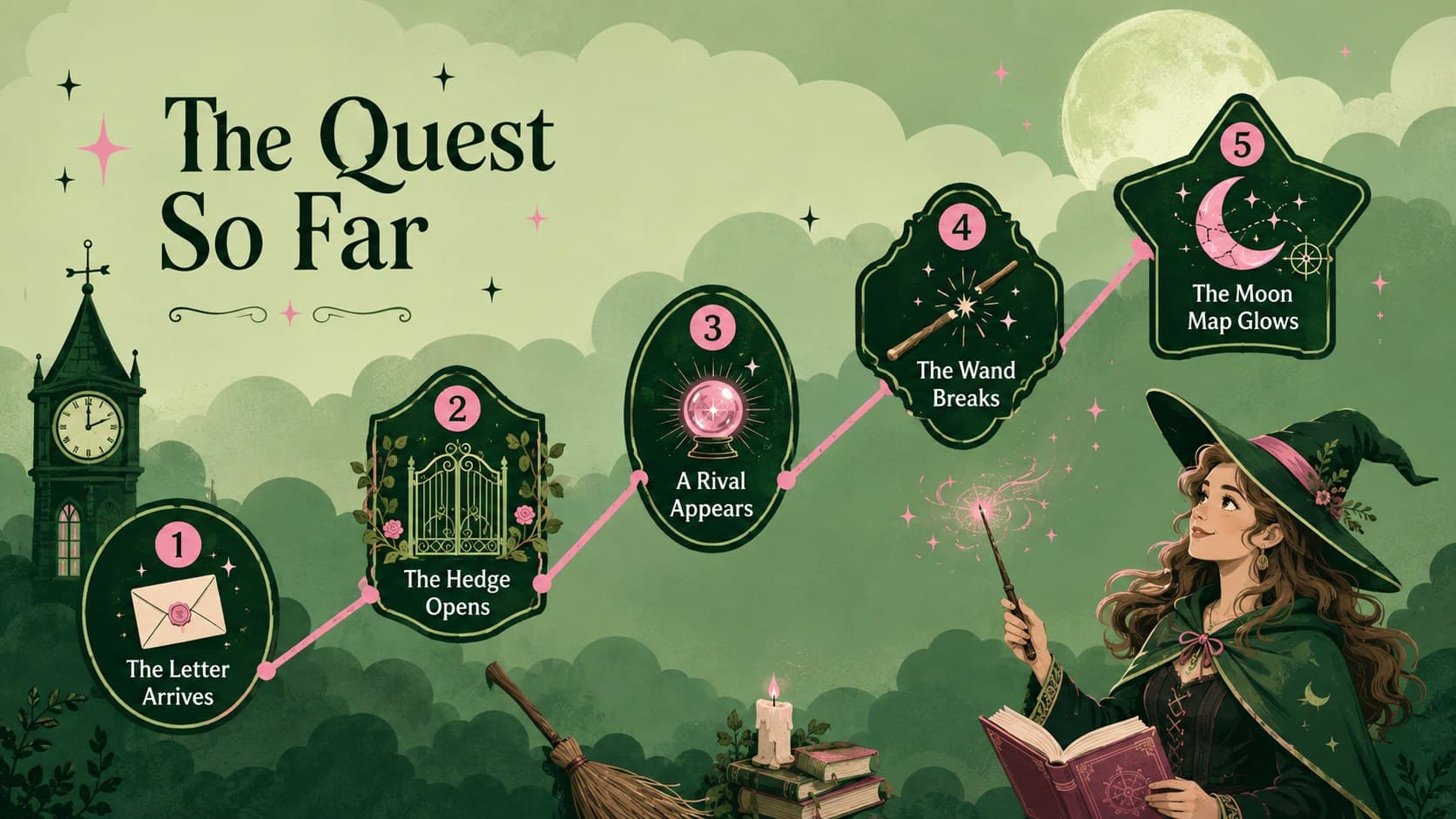 Fantasy storytelling slide charting an enchanted quest across five key events.