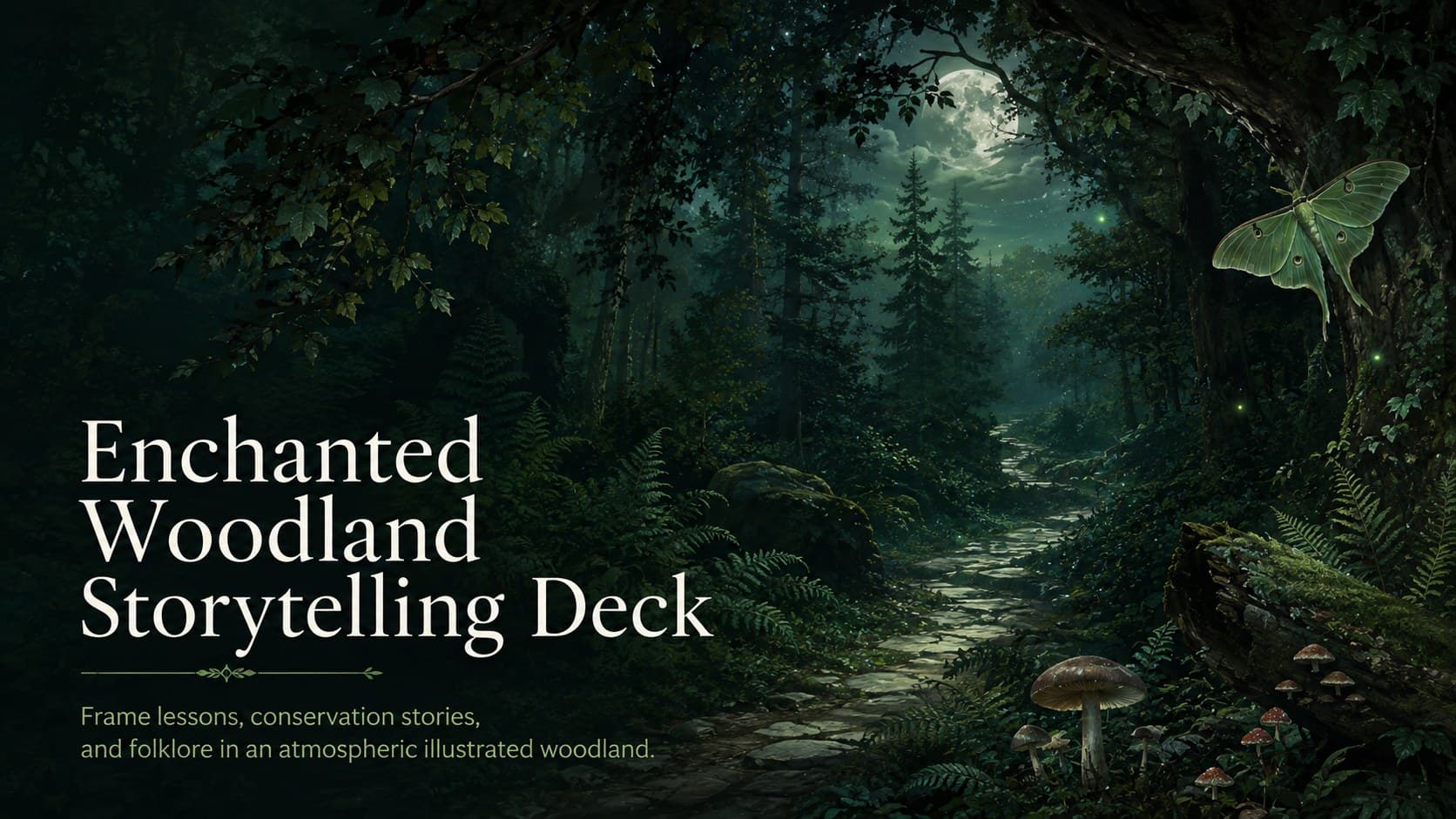 Cover of the Enchanted Woodland Storytelling Deck surrounded by layered green forest illustrations.