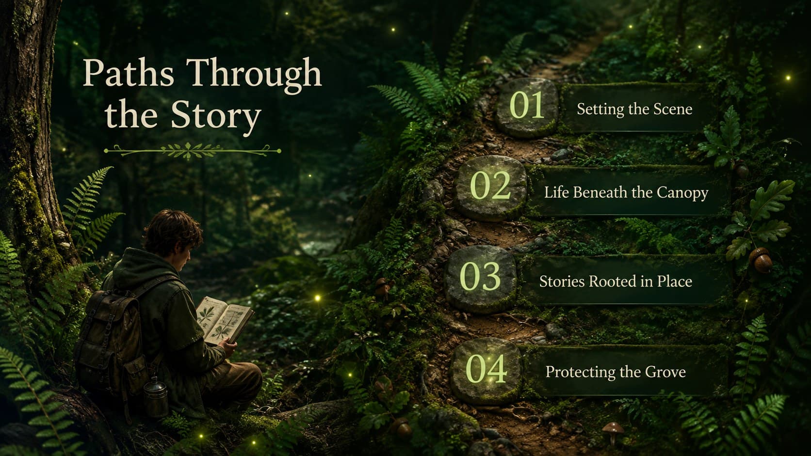 Woodland presentation agenda with four chapters arranged beside botanical illustrations.