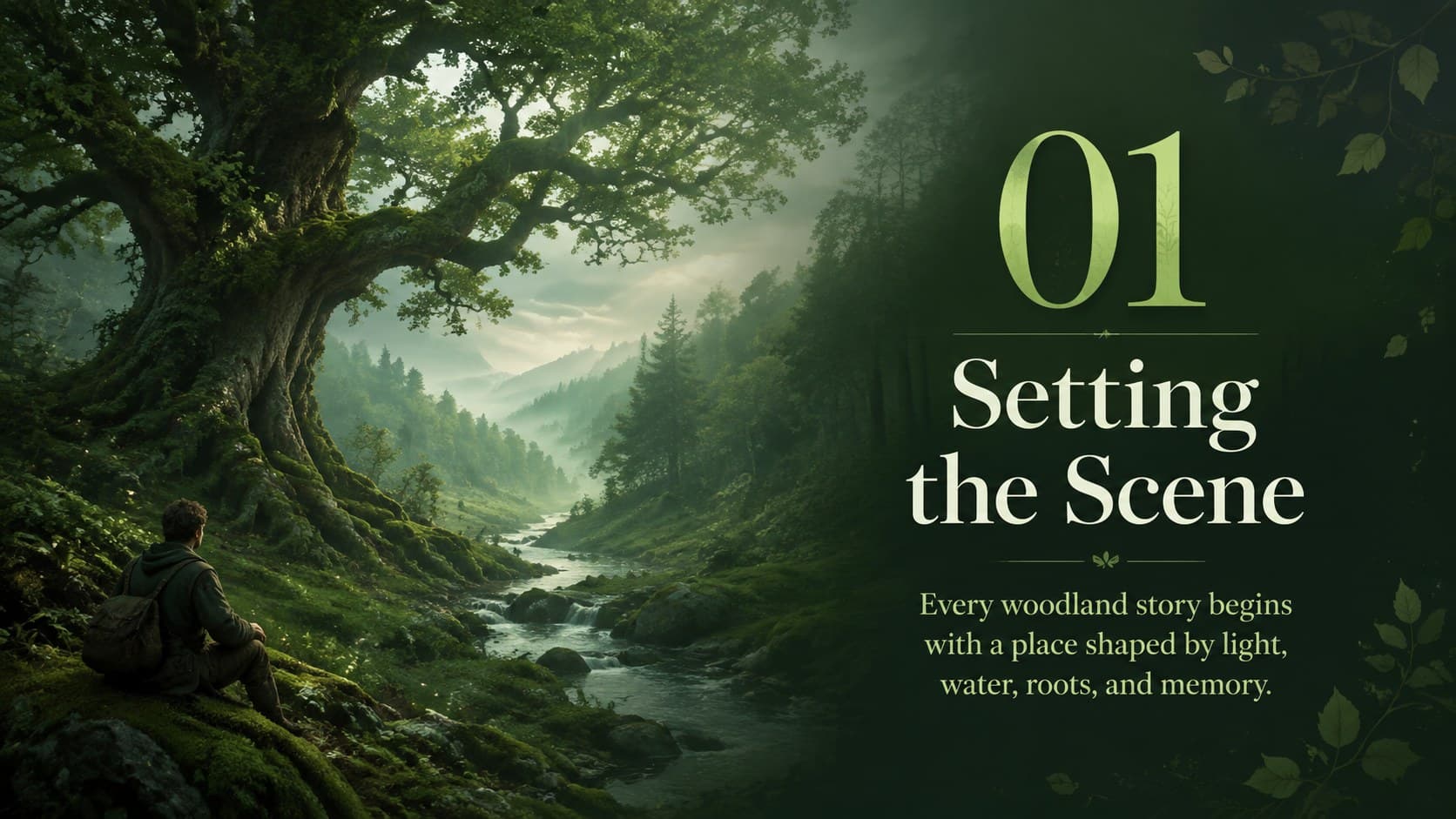 Illustrated folklore presentation template slide introducing a story set beneath an ancient forest canopy.
