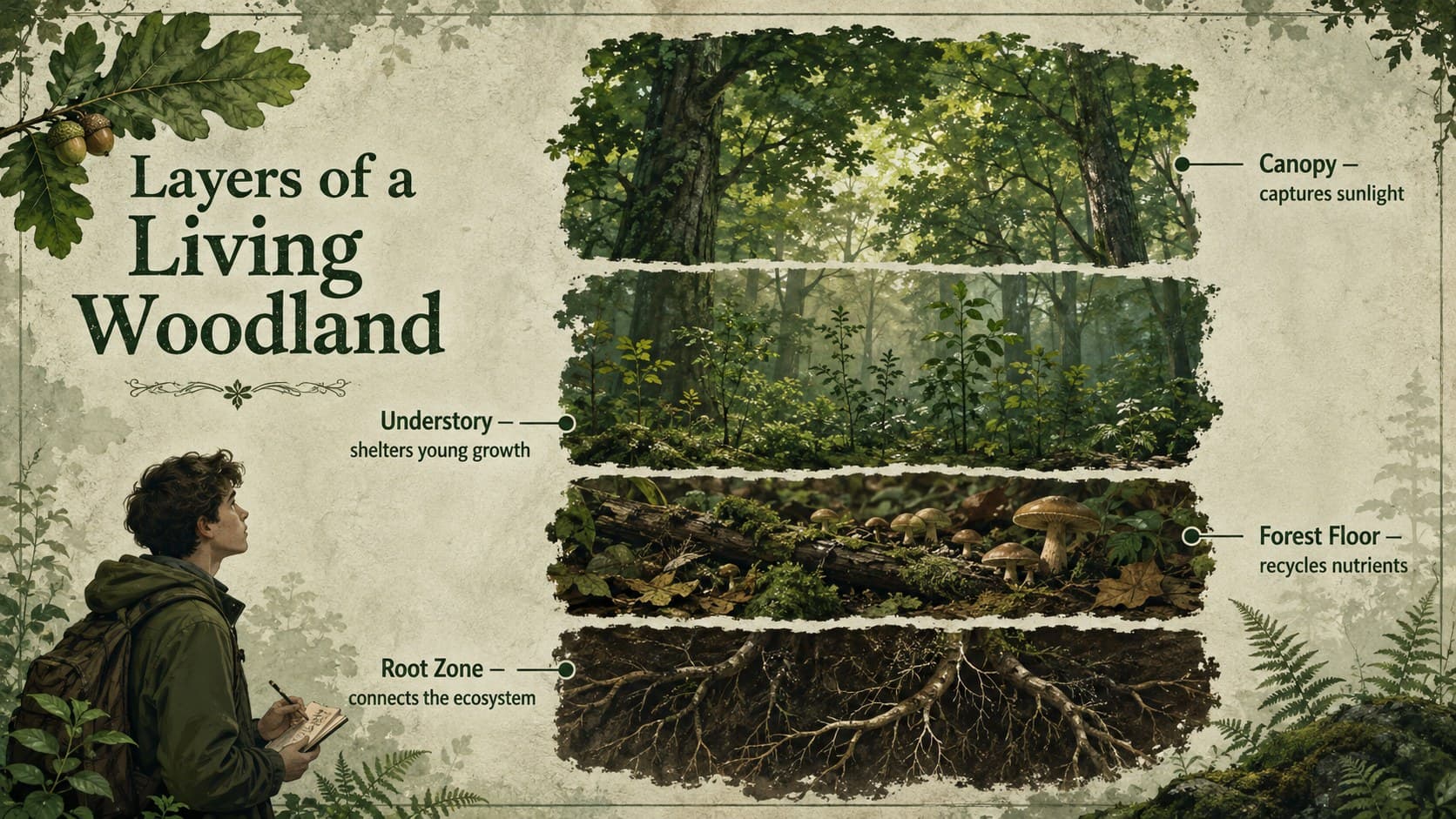 Green nature education slide explaining the canopy, understory, forest floor, and root zone.