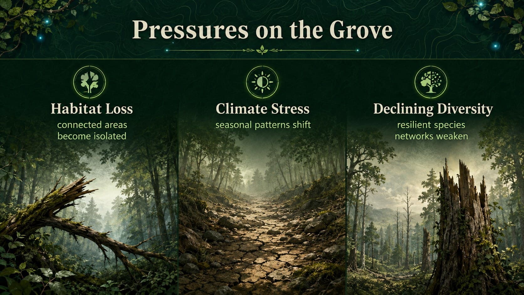 Woodland conservation slide presenting three pressures on habitats with illustrated symbols.
