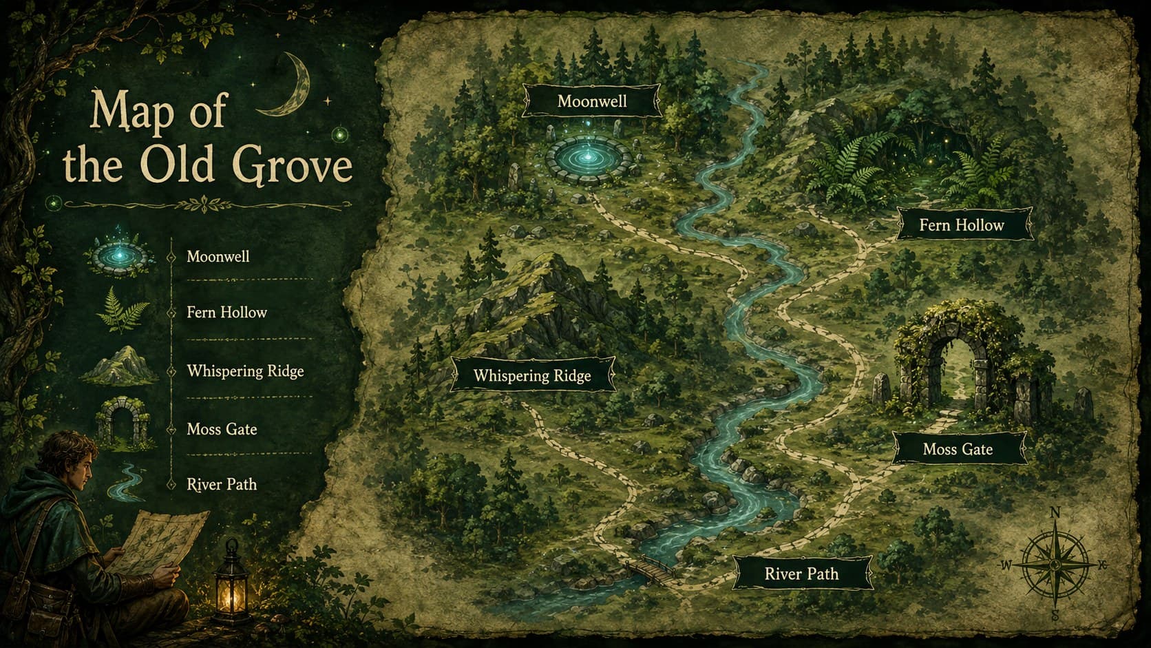 Enchanted woodland storytelling deck map showing a fictional grove and its key locations.