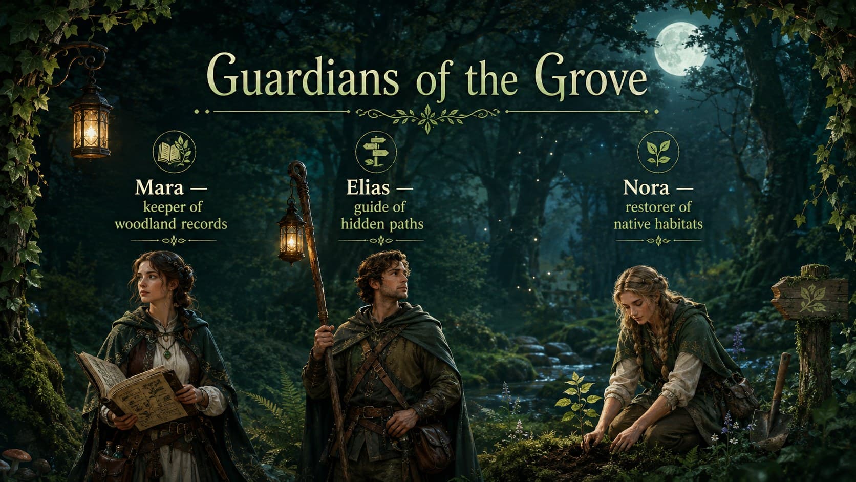 Fantasy woodland PowerPoint theme slide introducing three original guardians of the grove.