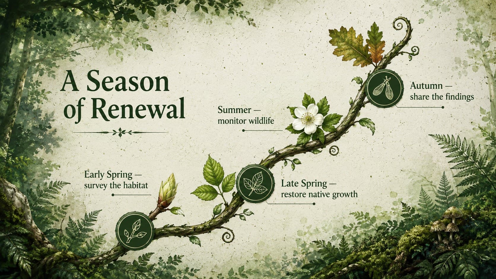 Woodland restoration timeline showing four seasonal milestones in a green illustrated layout.
