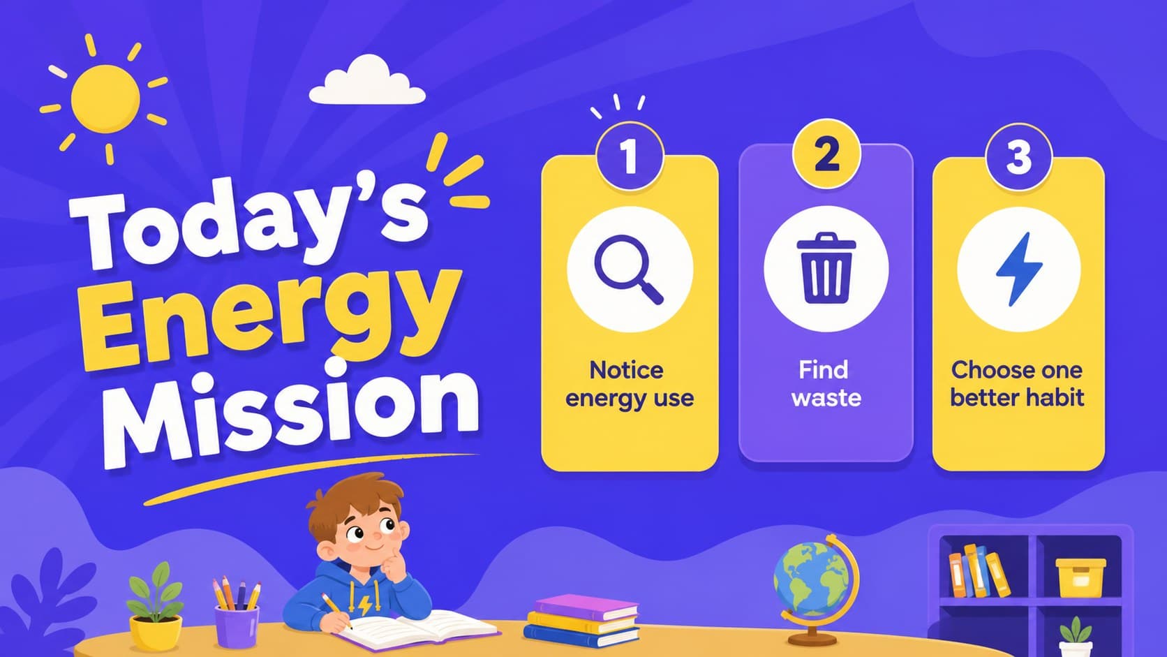 Energy conservation lesson overview slide showing learning goals and classroom discussion prompts.