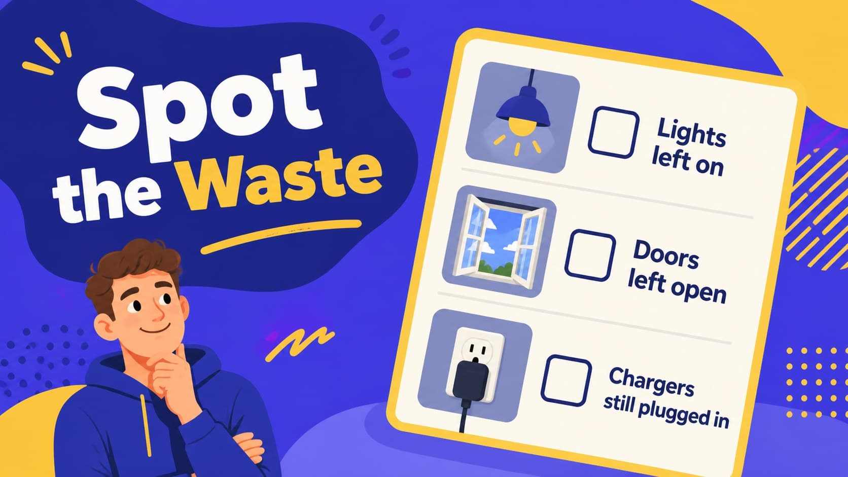 Energy waste awareness slide featuring a playful classroom checklist of avoidable habits.