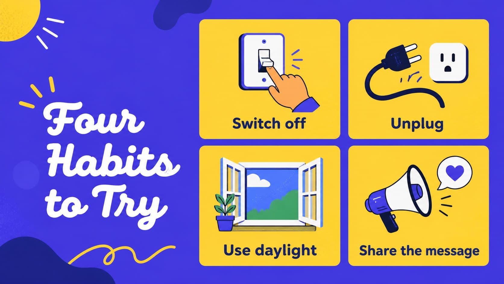 Student sustainability activity slide with illustrated energy-saving actions for daily routines.