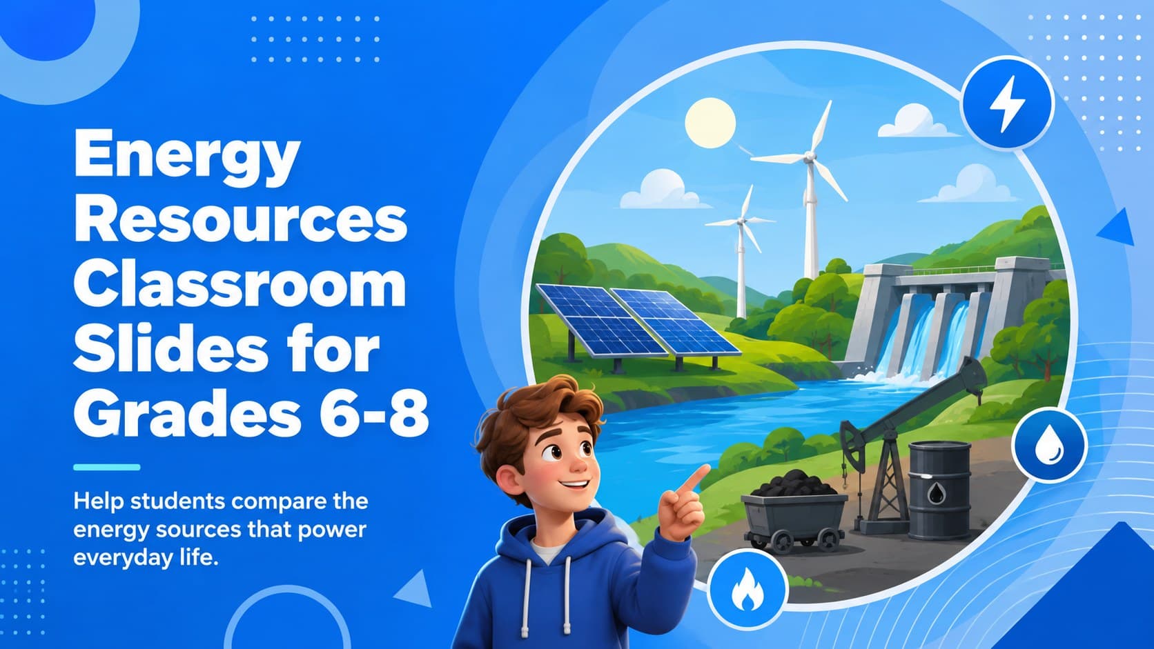 Blue illustrated cover for Energy Resources Classroom Slides for Grades 6-8 featuring clean and fossil energy symbols.