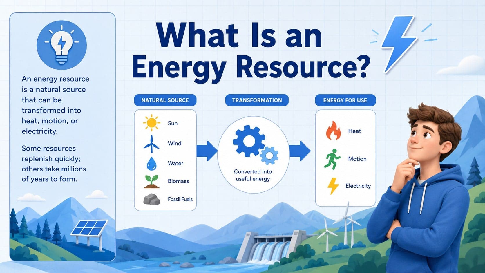 Energy resources classroom slide explaining how natural sources are converted into usable power.