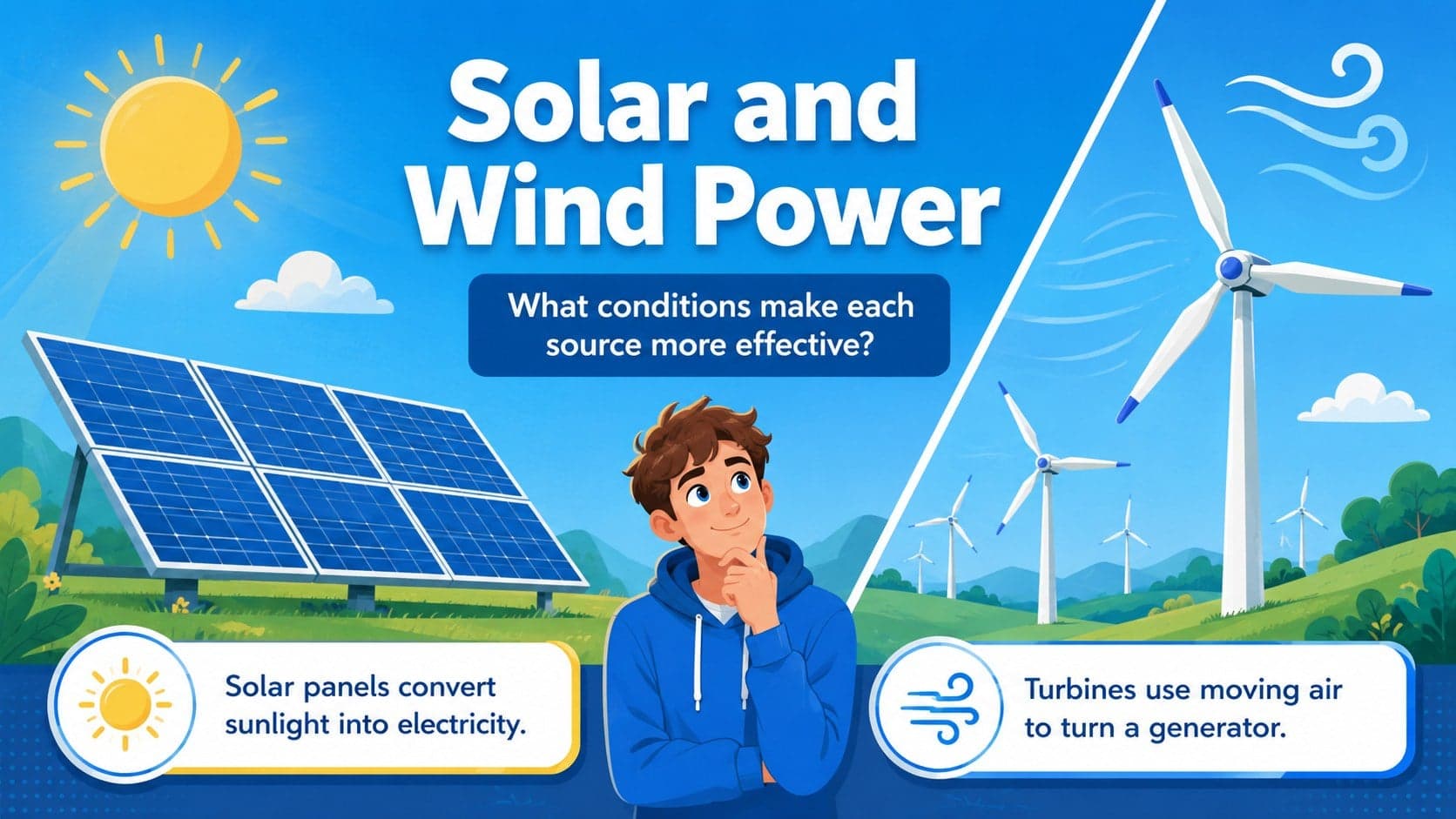 Solar and wind energy comparison slide for a middle school renewable energy lesson.