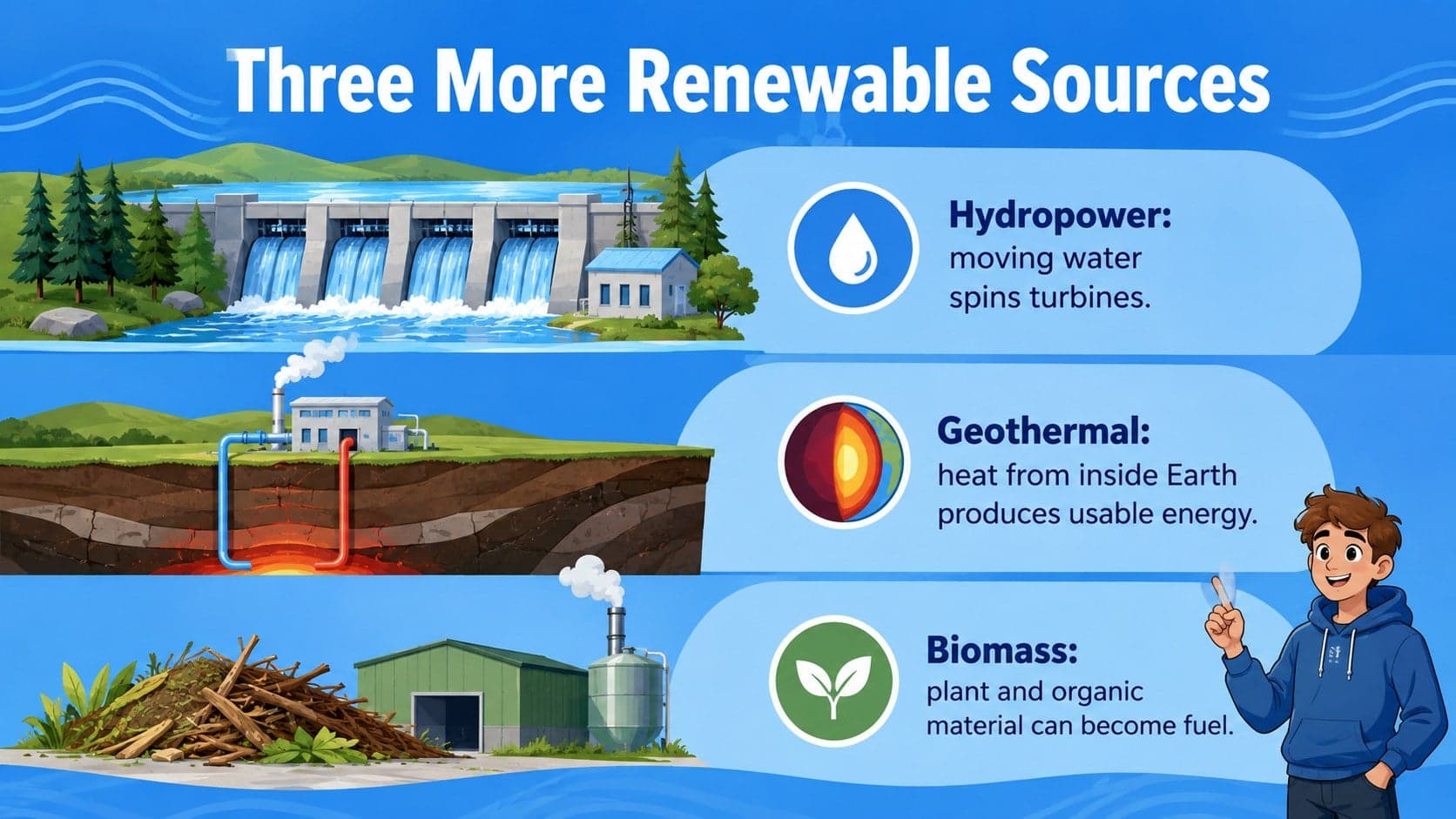 Illustrated science slide introducing hydropower, geothermal energy, and biomass.